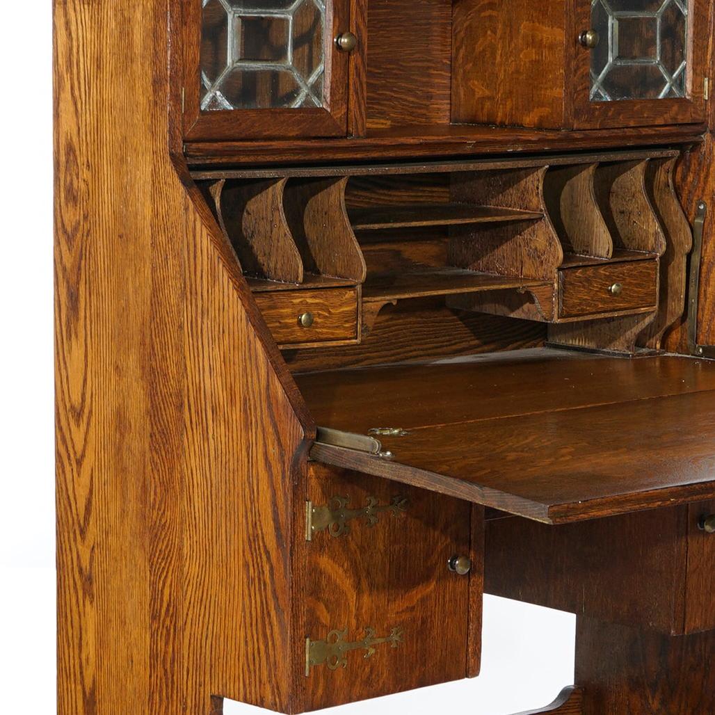Antique Arts & Crafts Mission Oak Drop Front Desk with Leaded Bookcase, c1910 3