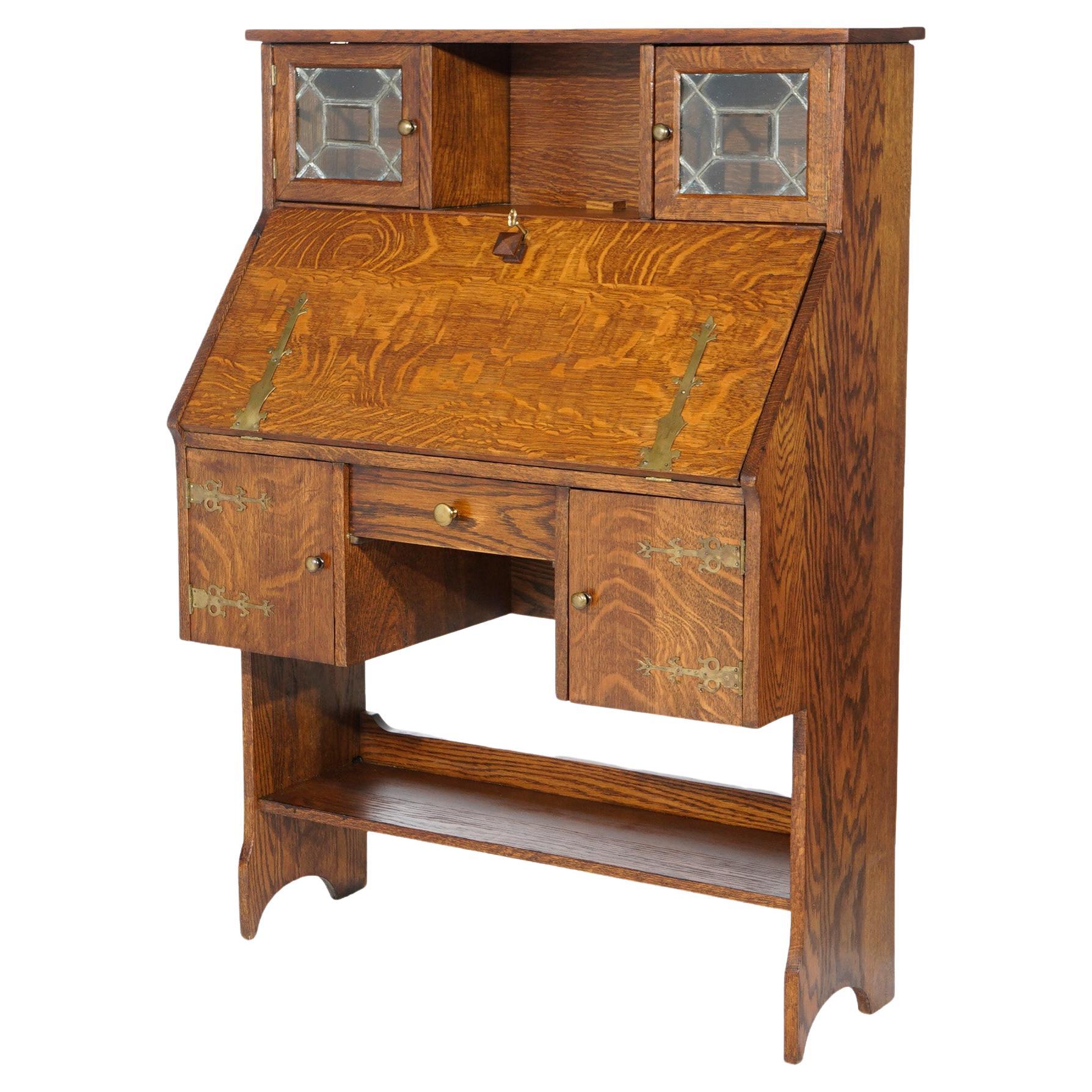 Antique Arts & Crafts Mission Oak Drop Front Desk with Leaded Bookcase, c1910