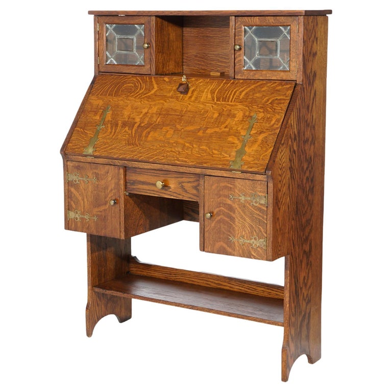 Antique Arts and Crafts Mission Oak Drop Front Desk with Leaded Bookcase, c1910 at 1stDibs
