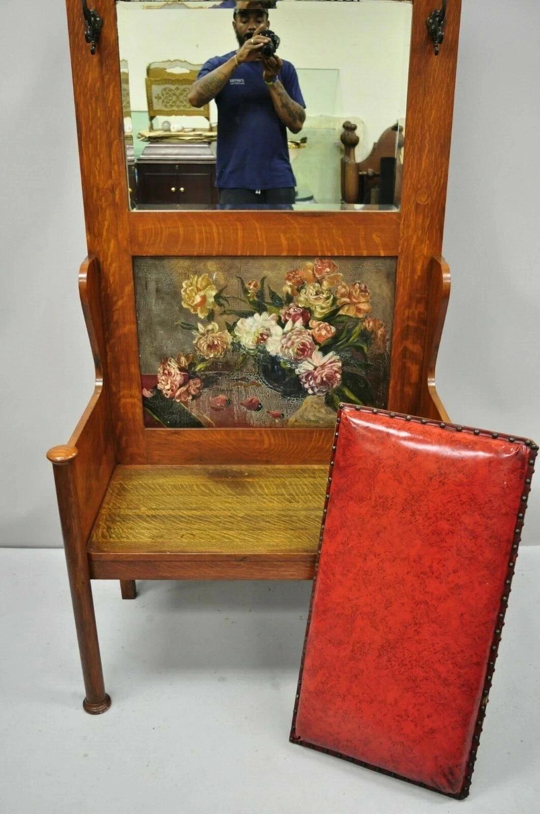 Antique Arts & Crafts Mission Oak Hand Painted Hall Bench Coat Rack w/ Mirror For Sale 3