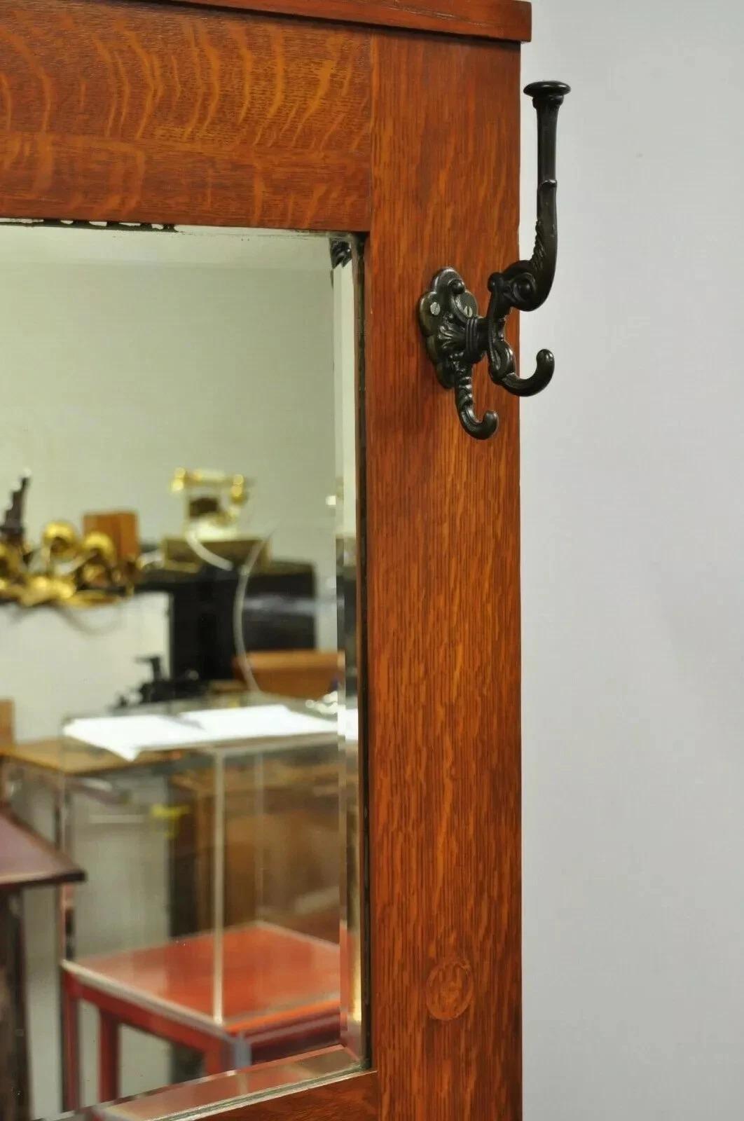 Antique Arts & Crafts Mission Oak Hand Painted Hall Bench Coat Rack w/ Mirror In Good Condition For Sale In Philadelphia, PA
