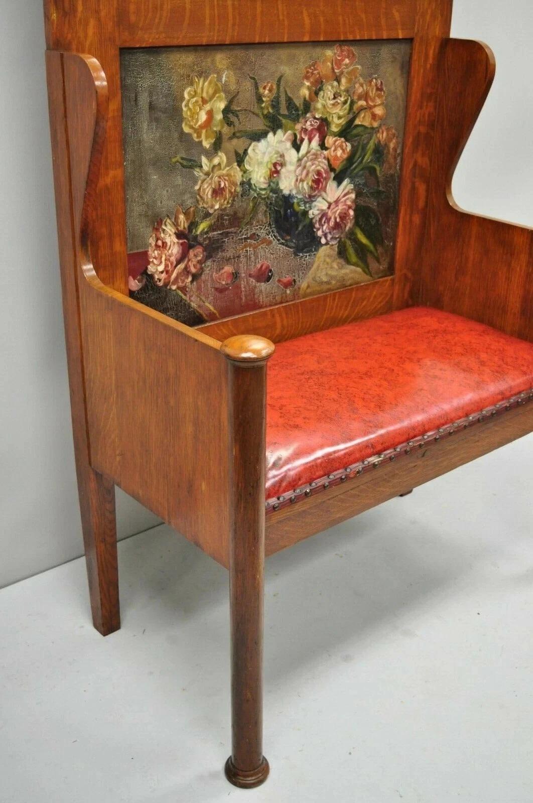 20th Century Antique Arts & Crafts Mission Oak Hand Painted Hall Bench Coat Rack w/ Mirror For Sale