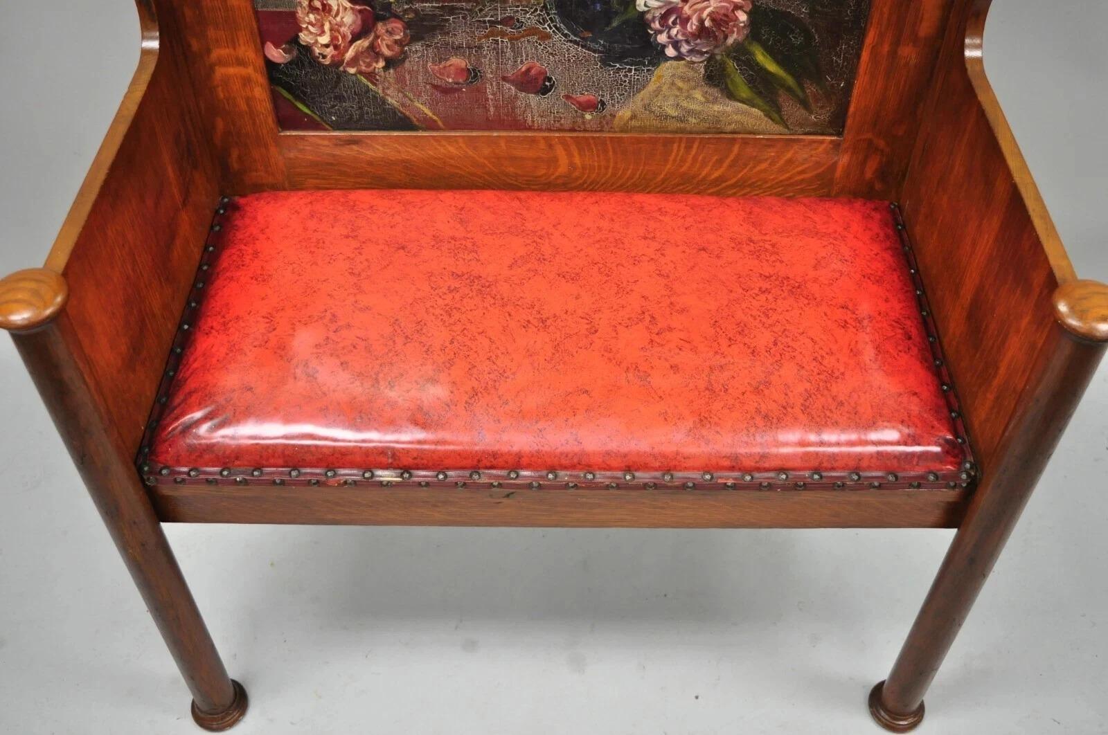 Antique Arts & Crafts Mission Oak Hand Painted Hall Bench Coat Rack w/ Mirror For Sale 2