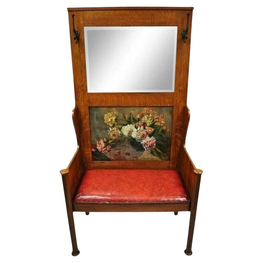 Antique Arts & Crafts Mission Oak Hand Painted Hall Bench Coat Rack w/ Mirror For Sale