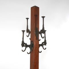 Antique Arts & Crafts Mission Oak Hat Tree with Gargoyle Form Cast Iron Hooks