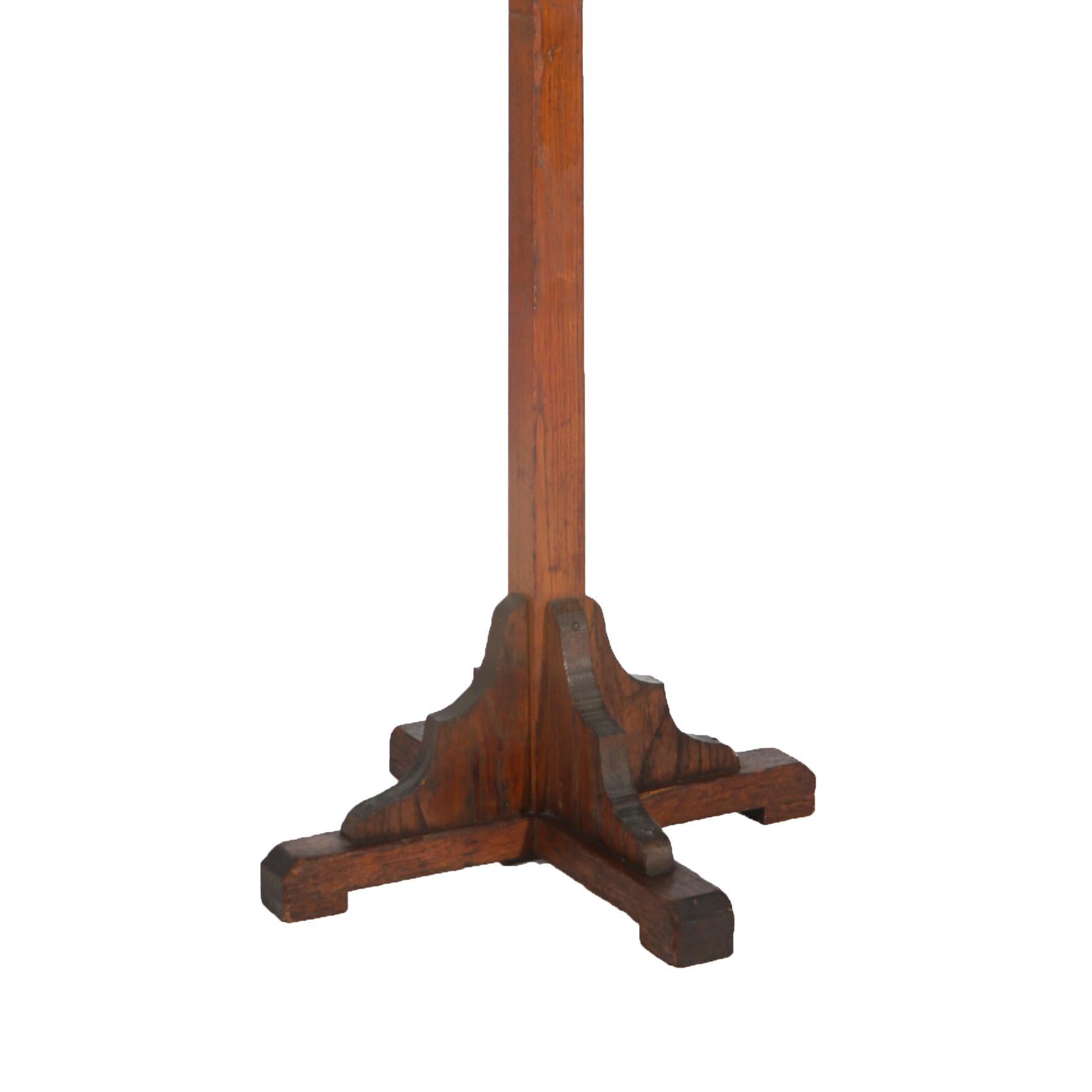 Antique Arts & Crafts Mission Oak Hat Tree with Gargoyle Form Cast Iron Hooks 1
