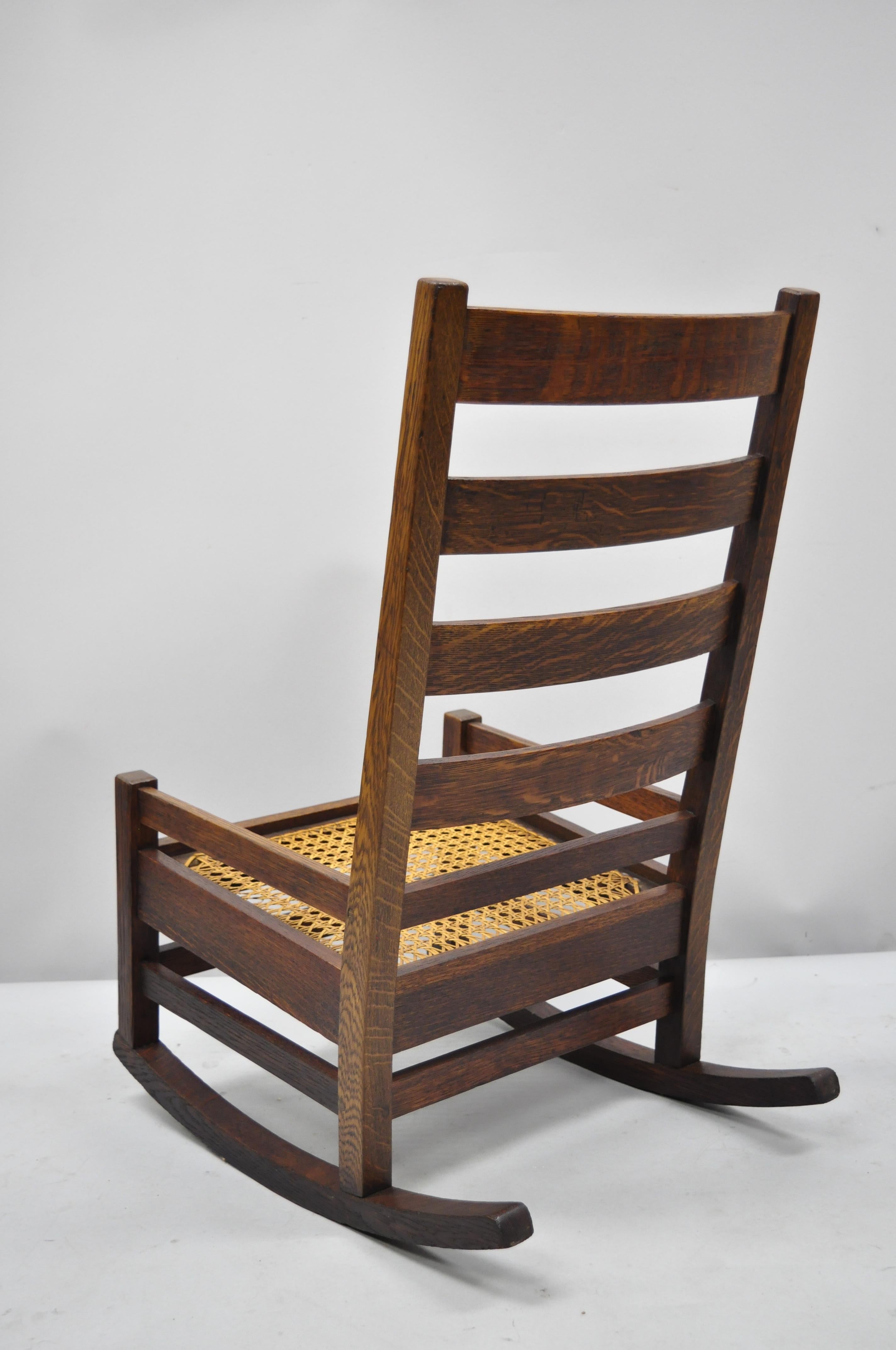 Cane Antique Arts & Crafts Mission Oak Ladder Back Hip Rail Rocker Rocking Chair For Sale