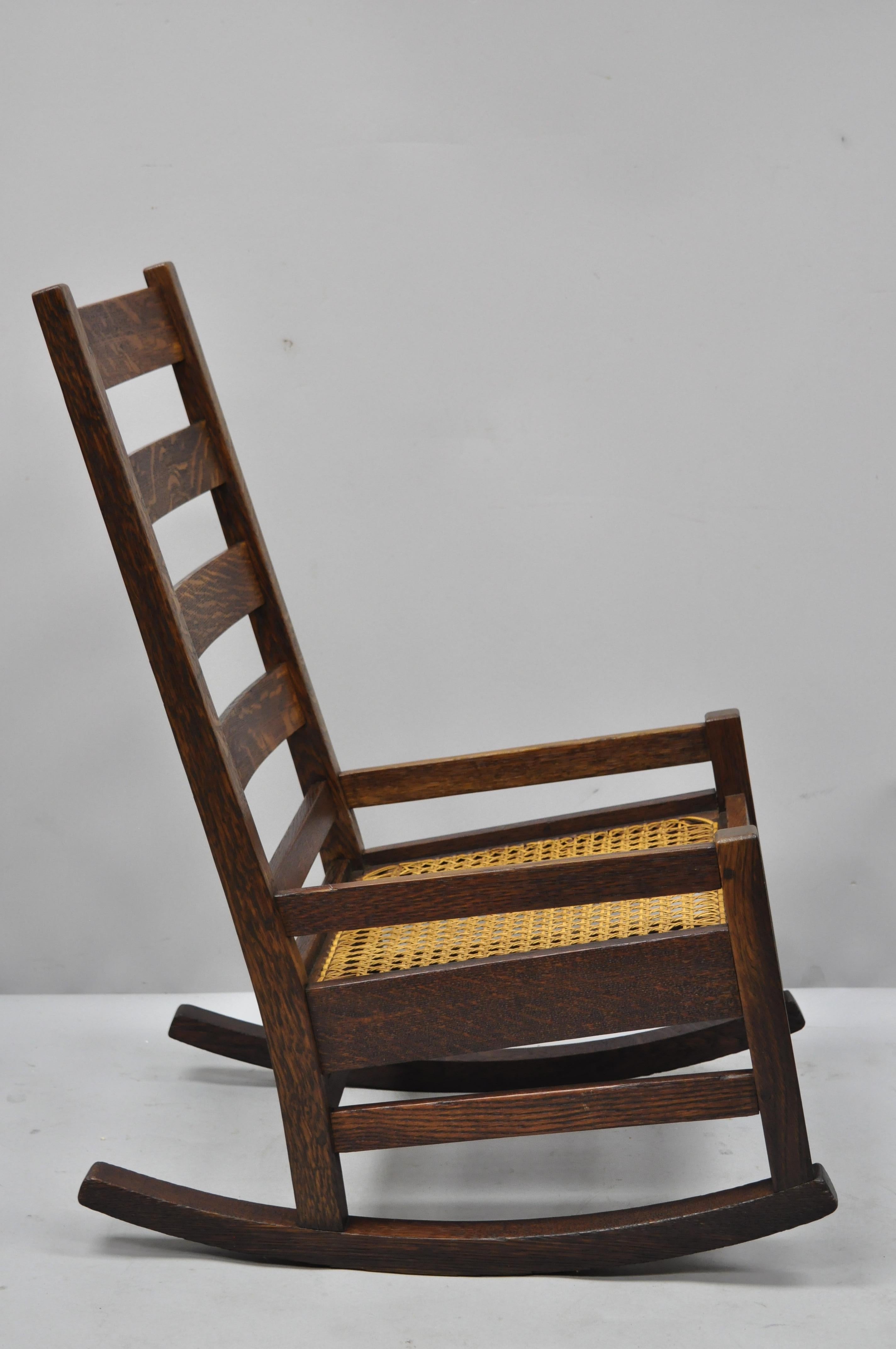 Arts and Crafts Antique Arts & Crafts Mission Oak Ladder Back Hip Rail Rocker Rocking Chair For Sale