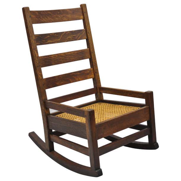Antique Arts and Crafts Mission Oak Ladder Back Hip Rail Rocker Rocking ...
