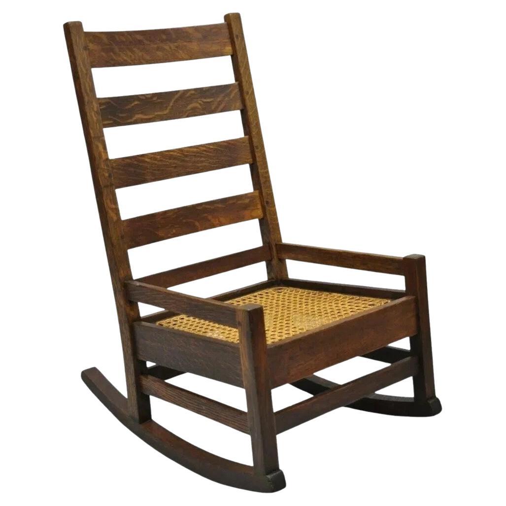 Antique Arts & Crafts Mission Oak Ladder Back Hip Rail Rocker Rocking Chair