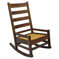 Antique Arts & Crafts Mission Oak Ladder Back Hip Rail Rocker Rocking Chair