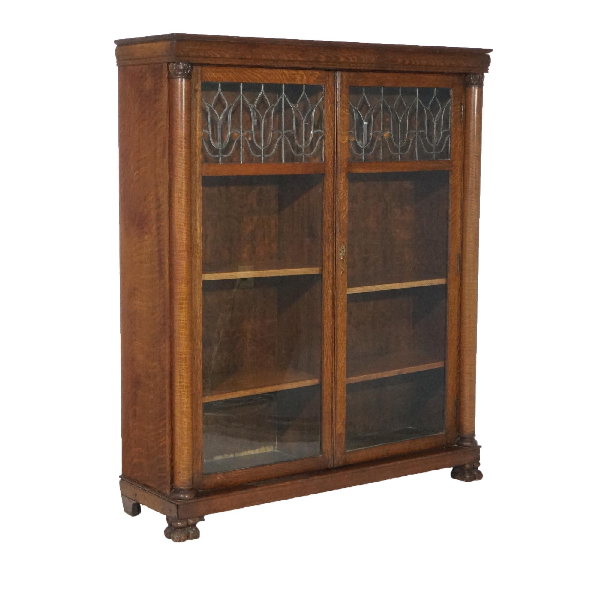 Antique Arts & Crafts Mission Oak Leaded Glass Bookcase Circa 1910 12