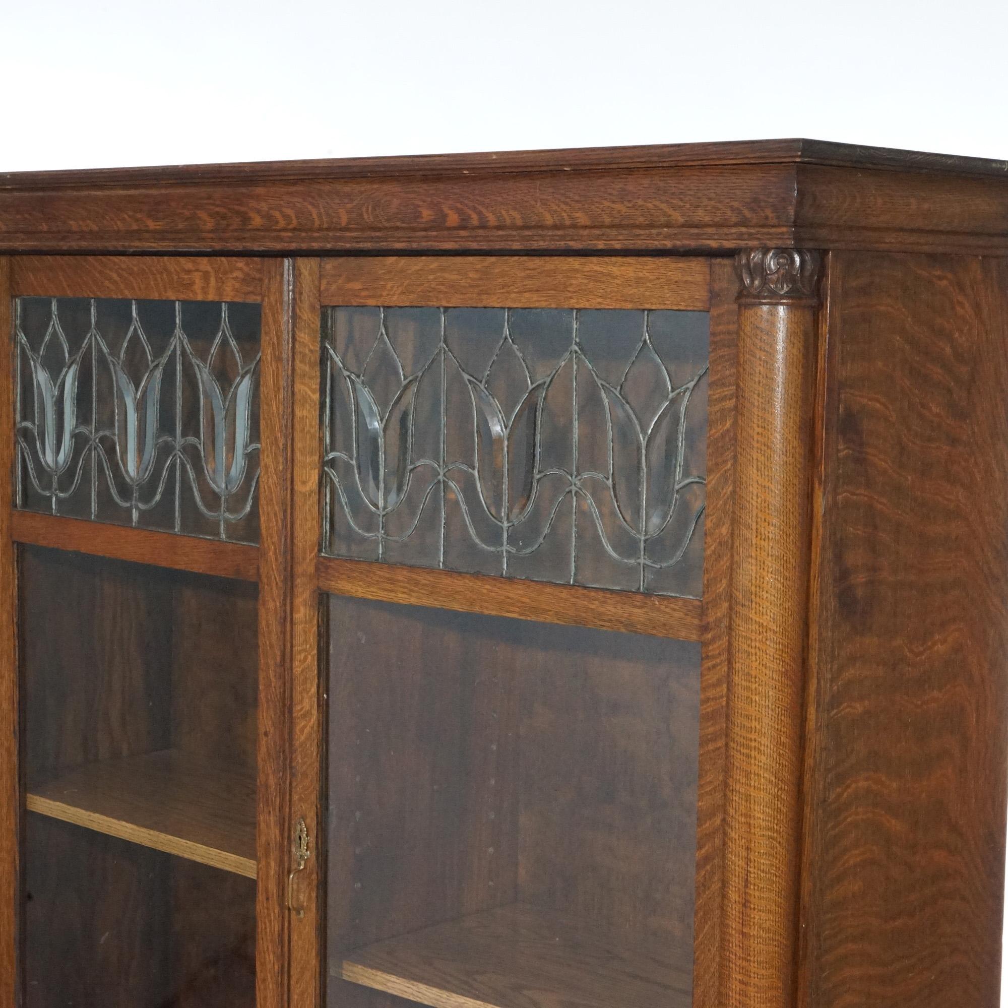 Arts and Crafts Antique Arts & Crafts Mission Oak Leaded Glass Bookcase Circa 1910