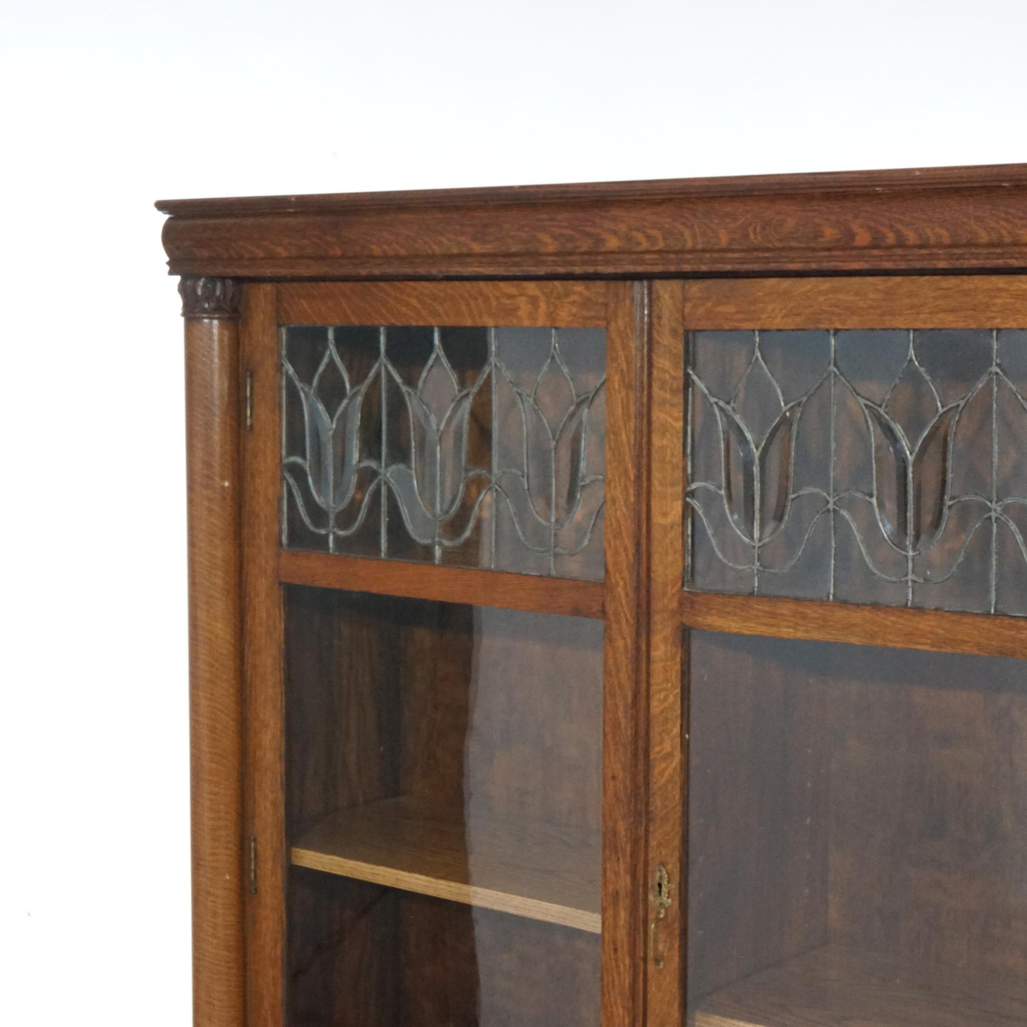 American Antique Arts & Crafts Mission Oak Leaded Glass Bookcase Circa 1910