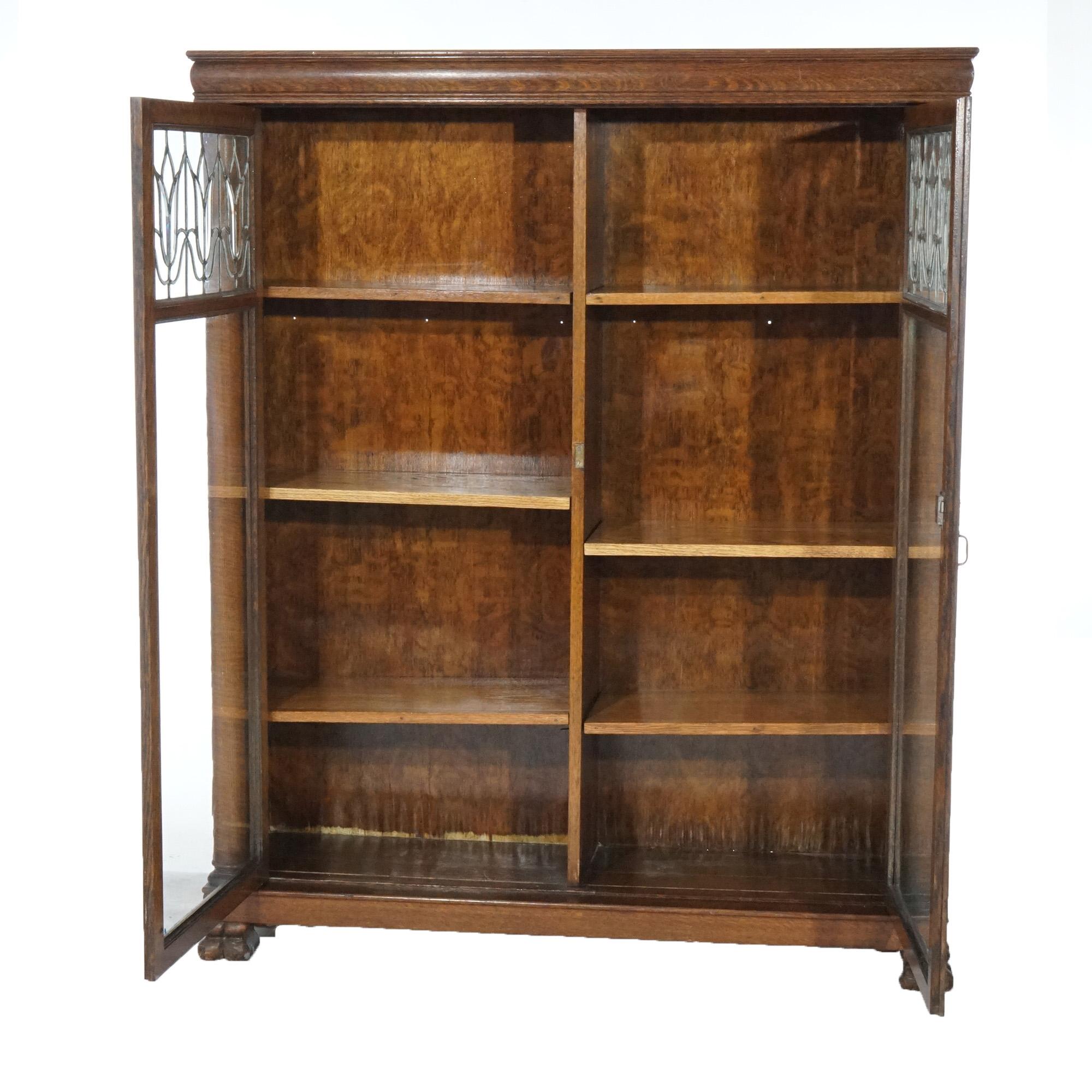 Antique Arts & Crafts Mission Oak Leaded Glass Bookcase Circa 1910 1