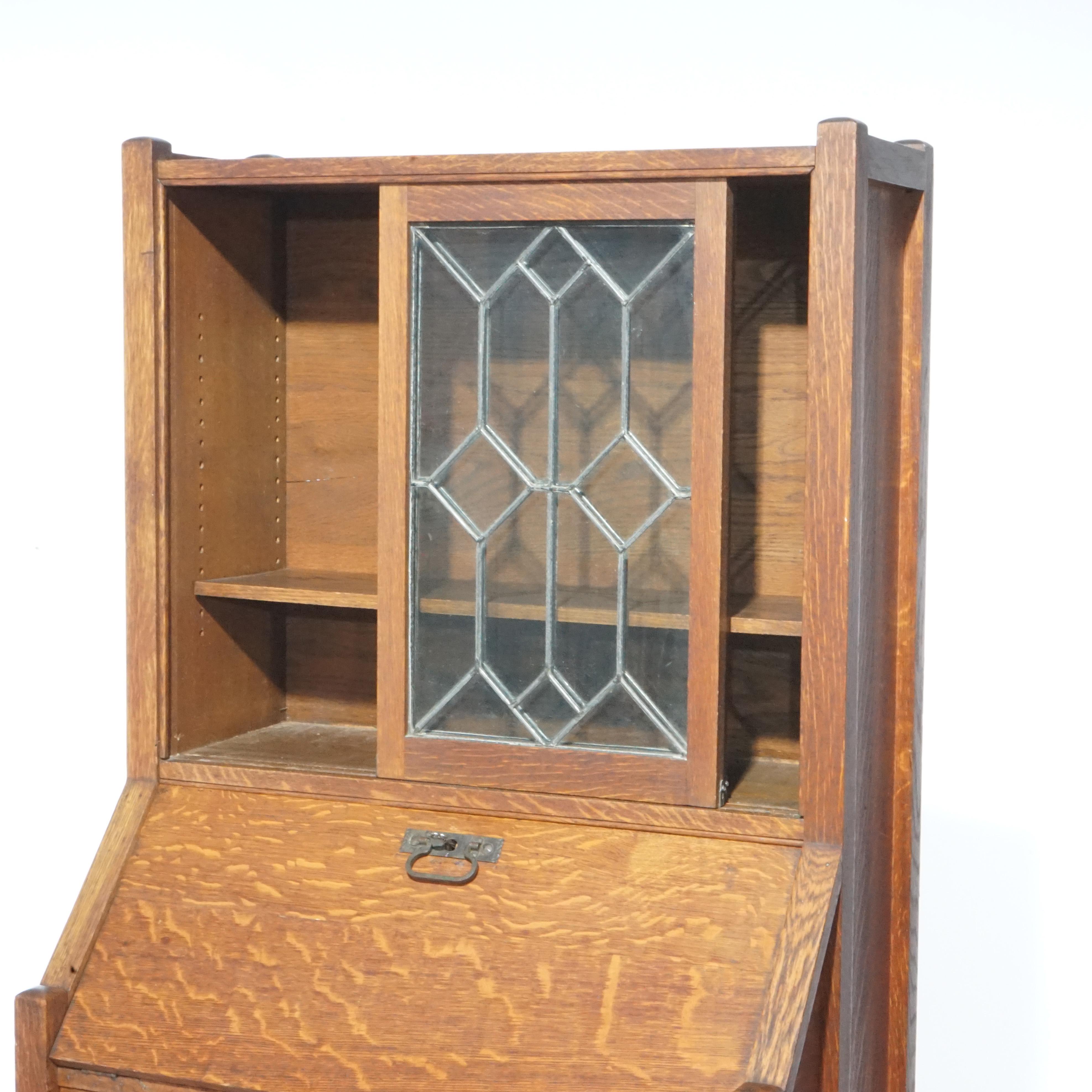 Antique Arts & Crafts Mission Oak & Leaded Glass Drop Front Secretary Desk C1910 4
