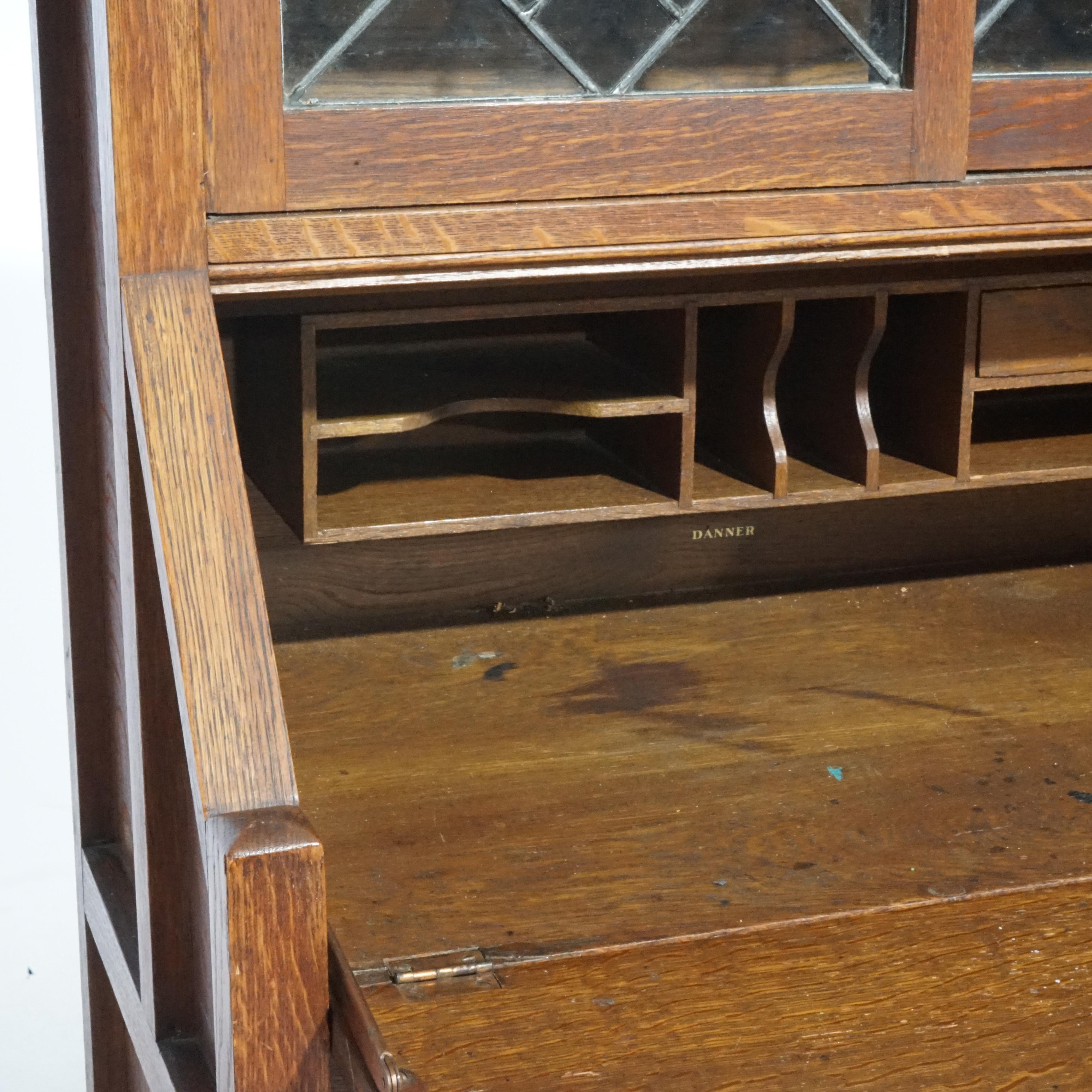 Antique Arts & Crafts Mission Oak & Leaded Glass Drop Front Secretary Desk C1910 5