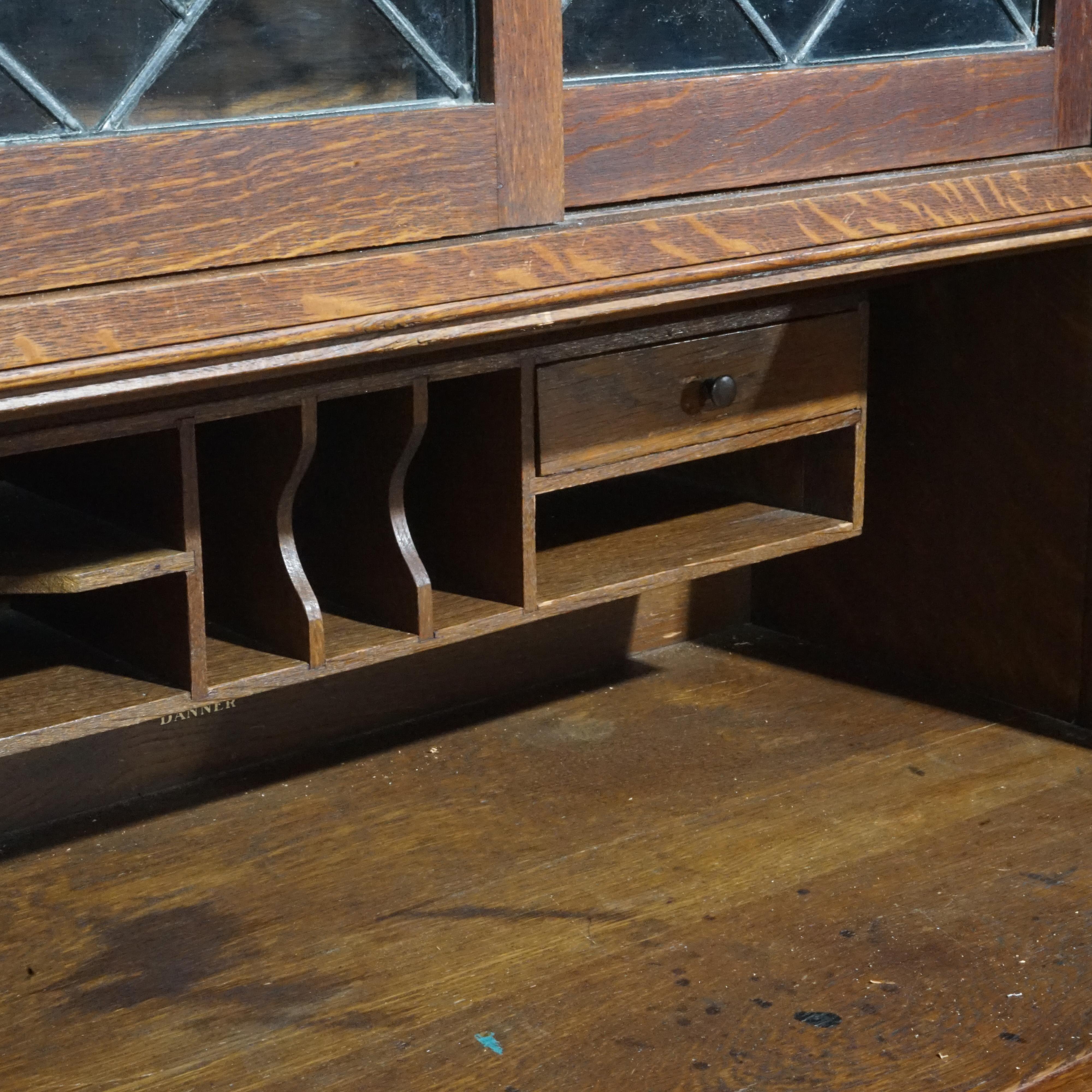Antique Arts & Crafts Mission Oak & Leaded Glass Drop Front Secretary Desk C1910 6
