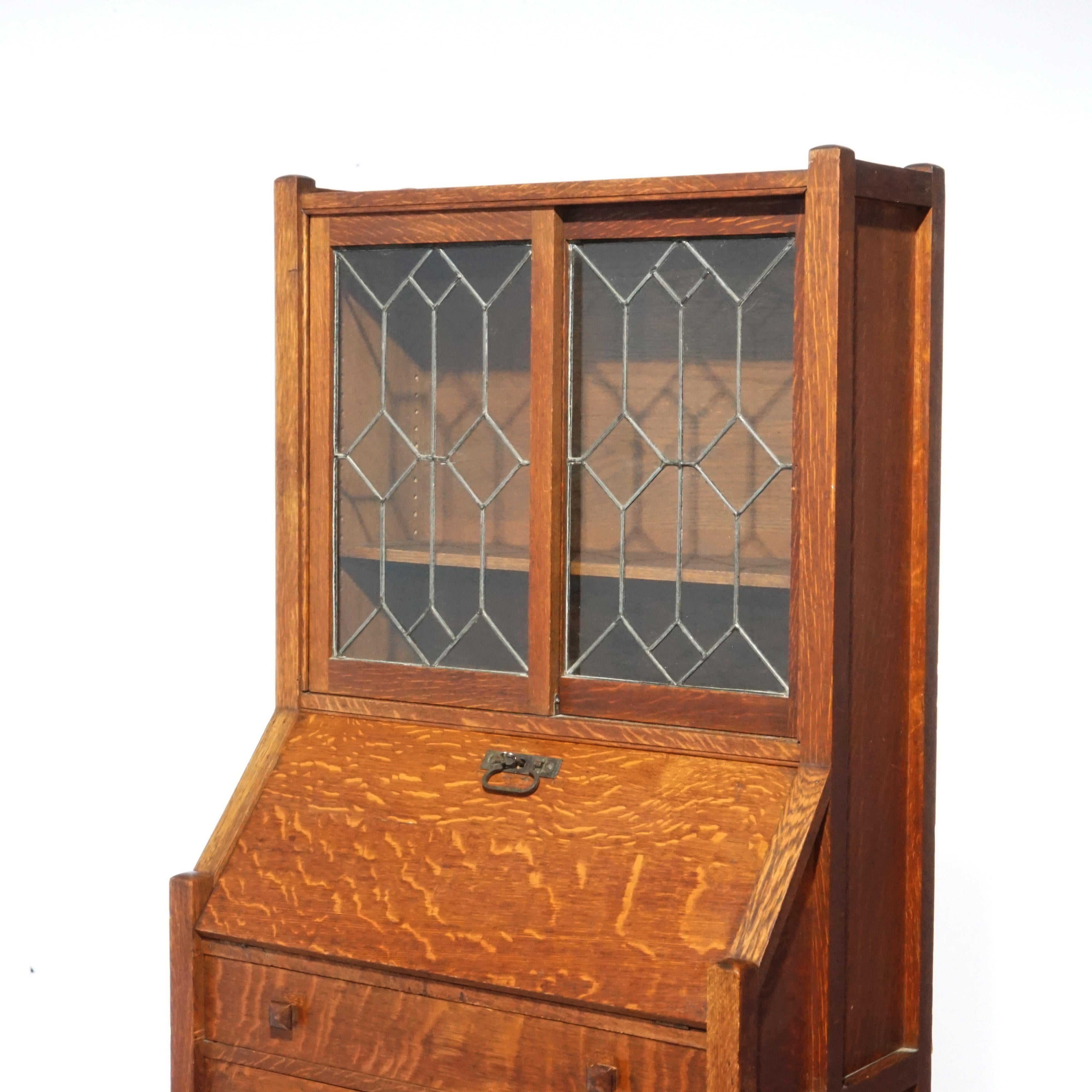 Antique Arts & Crafts Mission Oak & Leaded Glass Drop Front Secretary Desk C1910 2