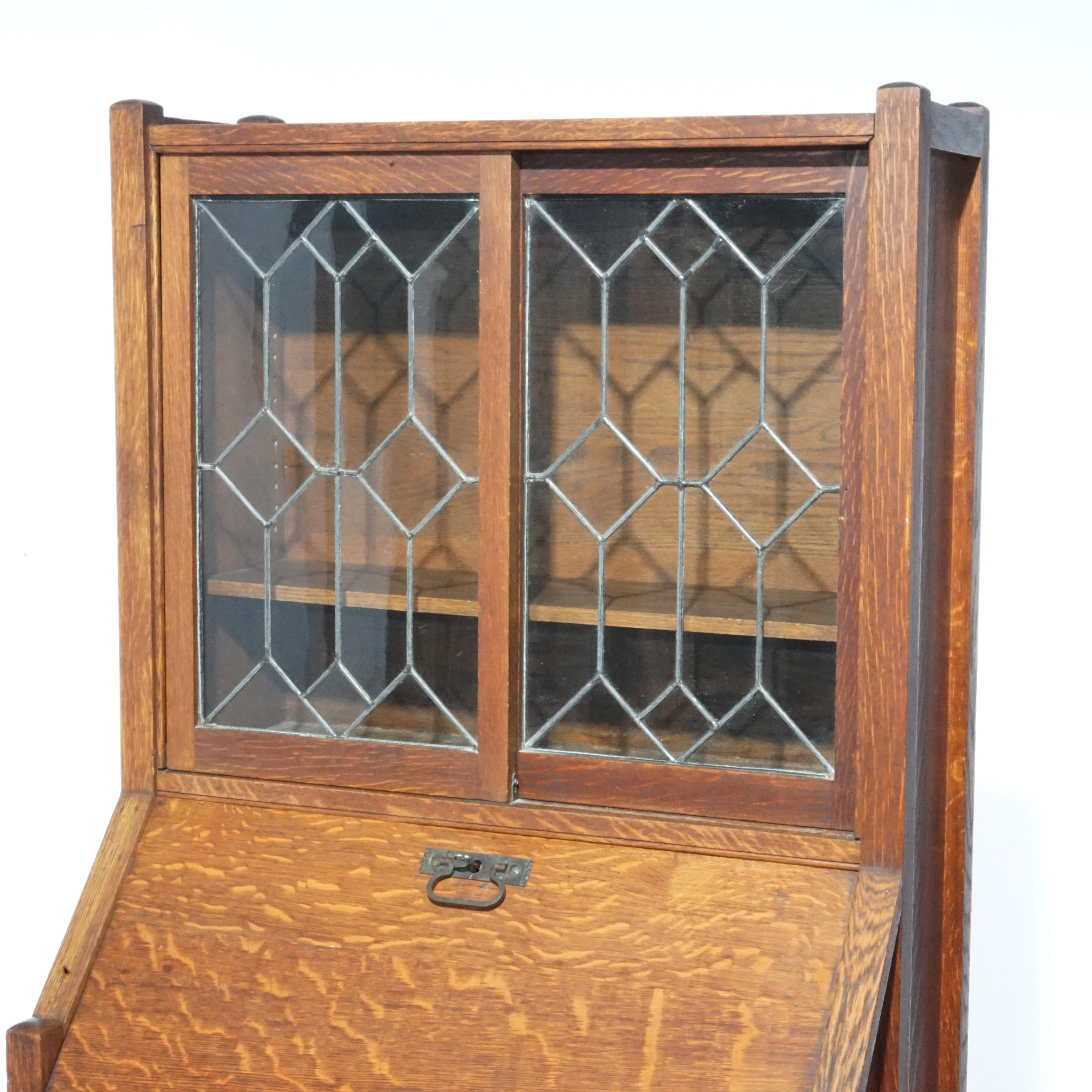 Antique Arts & Crafts Mission Oak & Leaded Glass Drop Front Secretary Desk C1910 3
