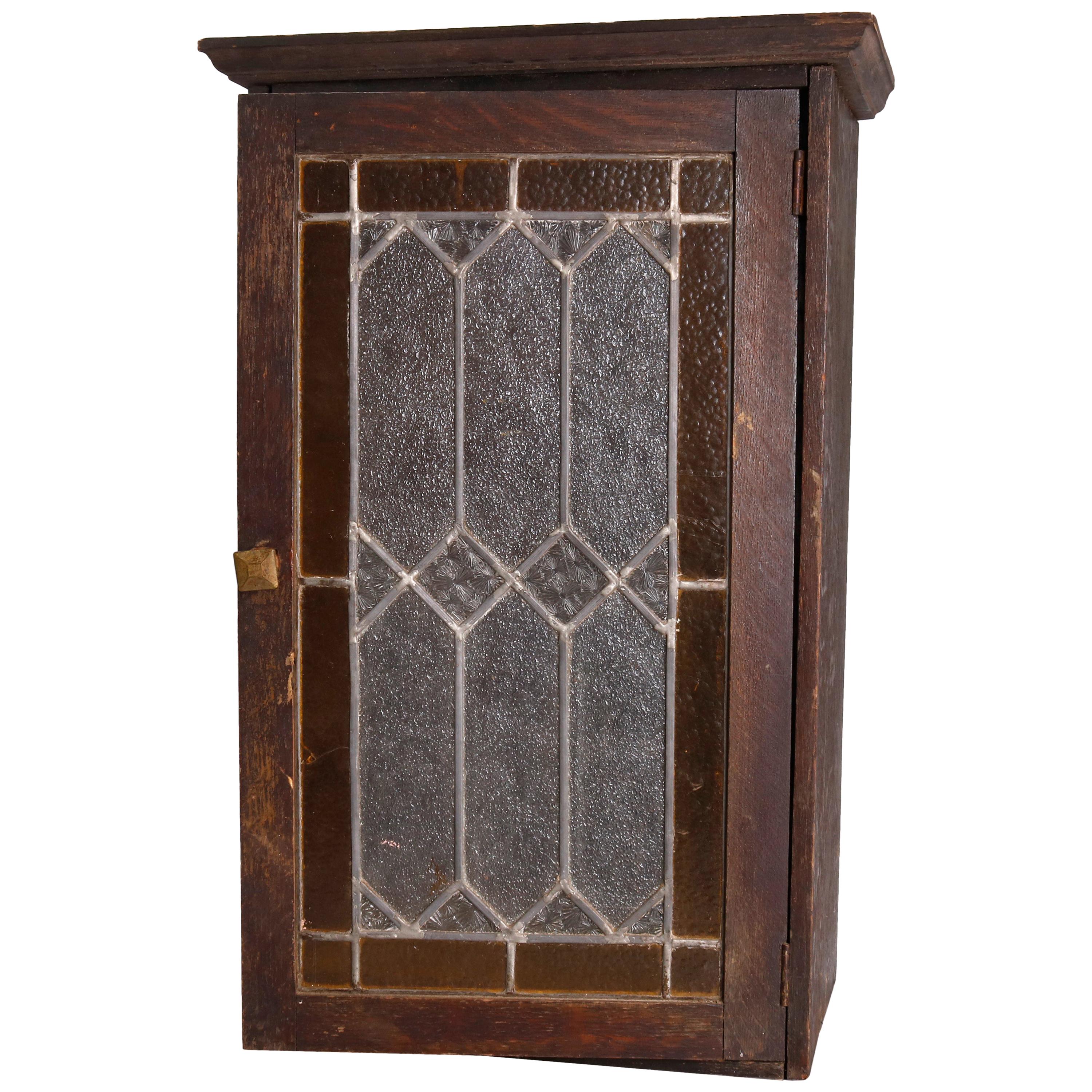 Antique Arts 
Crafts Mission Oak 
Leaded Glass Wall Cabinet, circa 1910