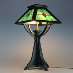 Große antike Arts & Crafts Prairie School Bleiglas Tischlampe:: c 1910
