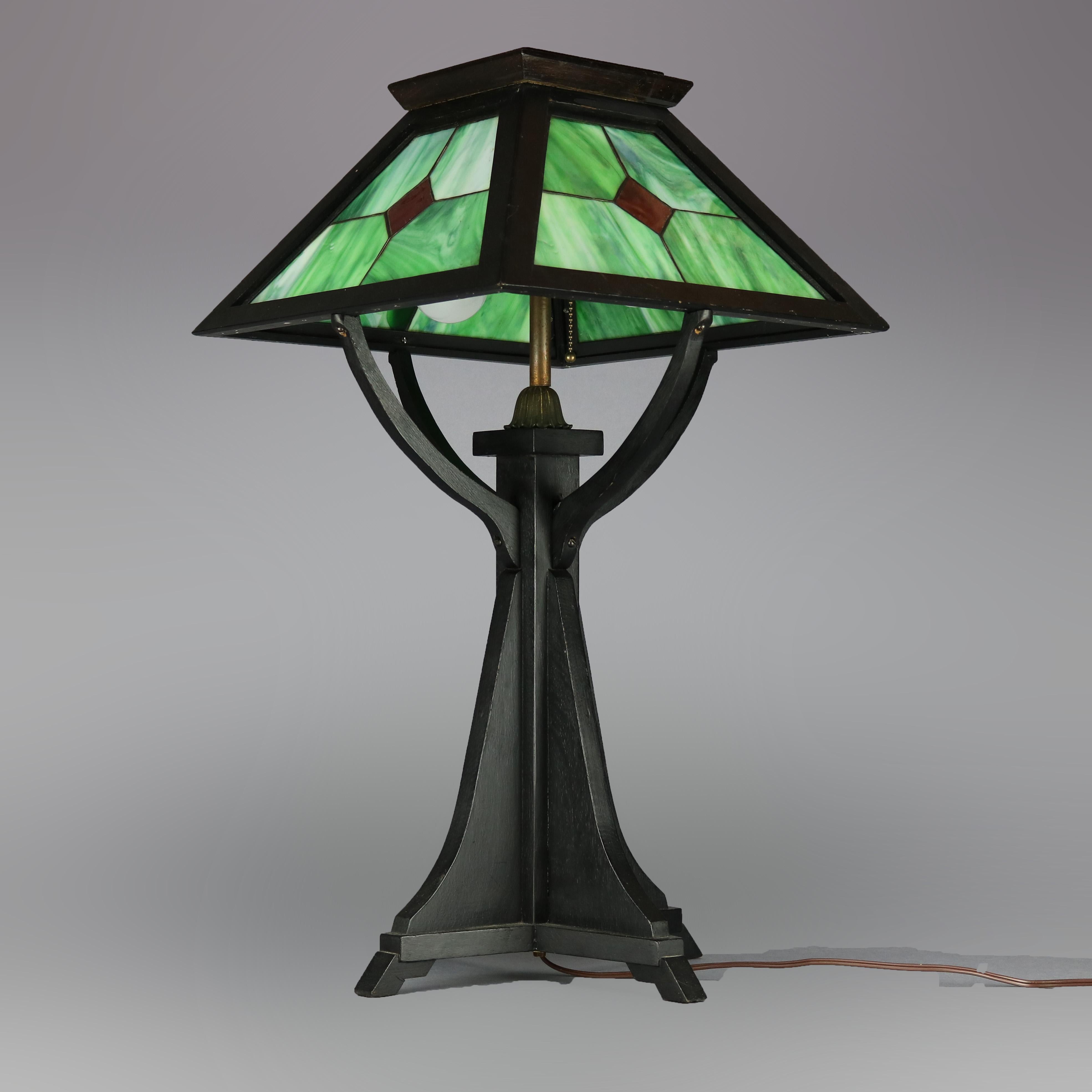 Arts and Crafts Large Antique Arts & Crafts Prairie School Leaded Slag Glass Table Lamp, c 1910