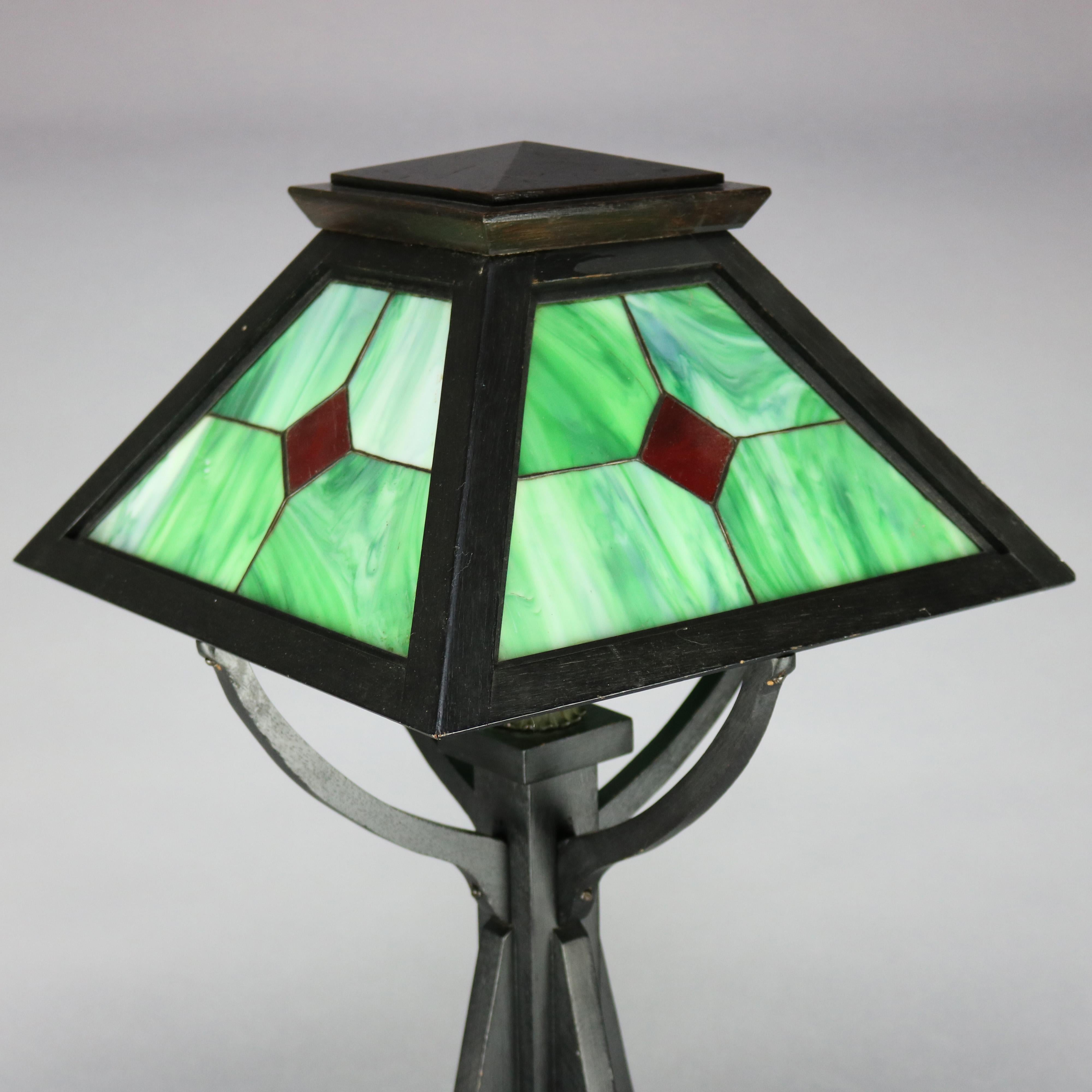 American Large Antique Arts & Crafts Prairie School Leaded Slag Glass Table Lamp, c 1910