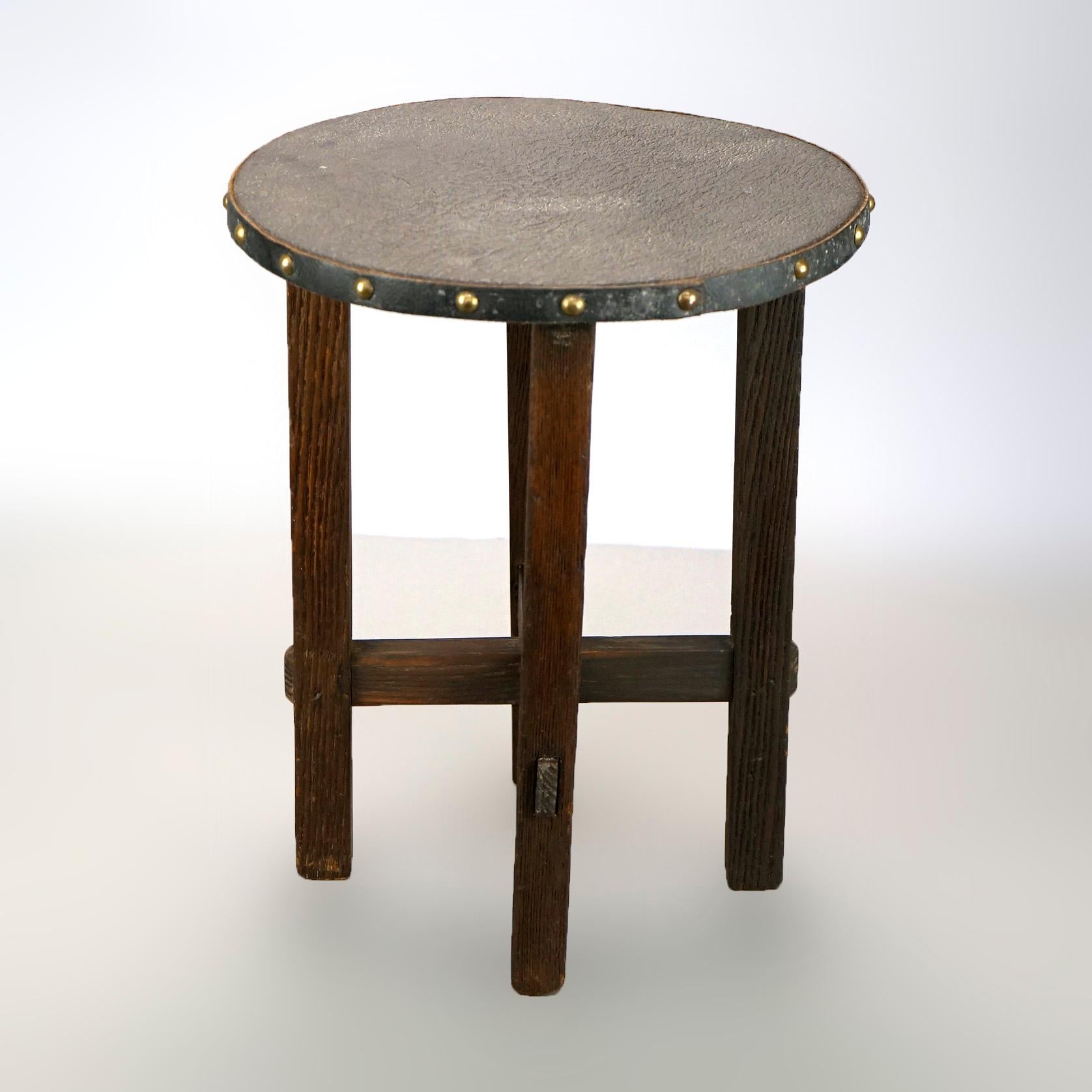 Arts and Crafts Antique Arts & Crafts Mission Oak Leather Top Tabouret Stand Circa 1910
