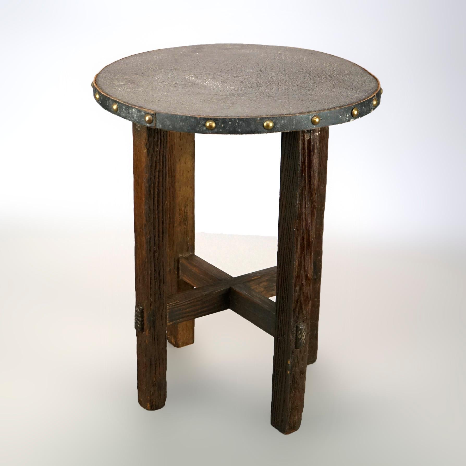 American Antique Arts & Crafts Mission Oak Leather Top Tabouret Stand Circa 1910