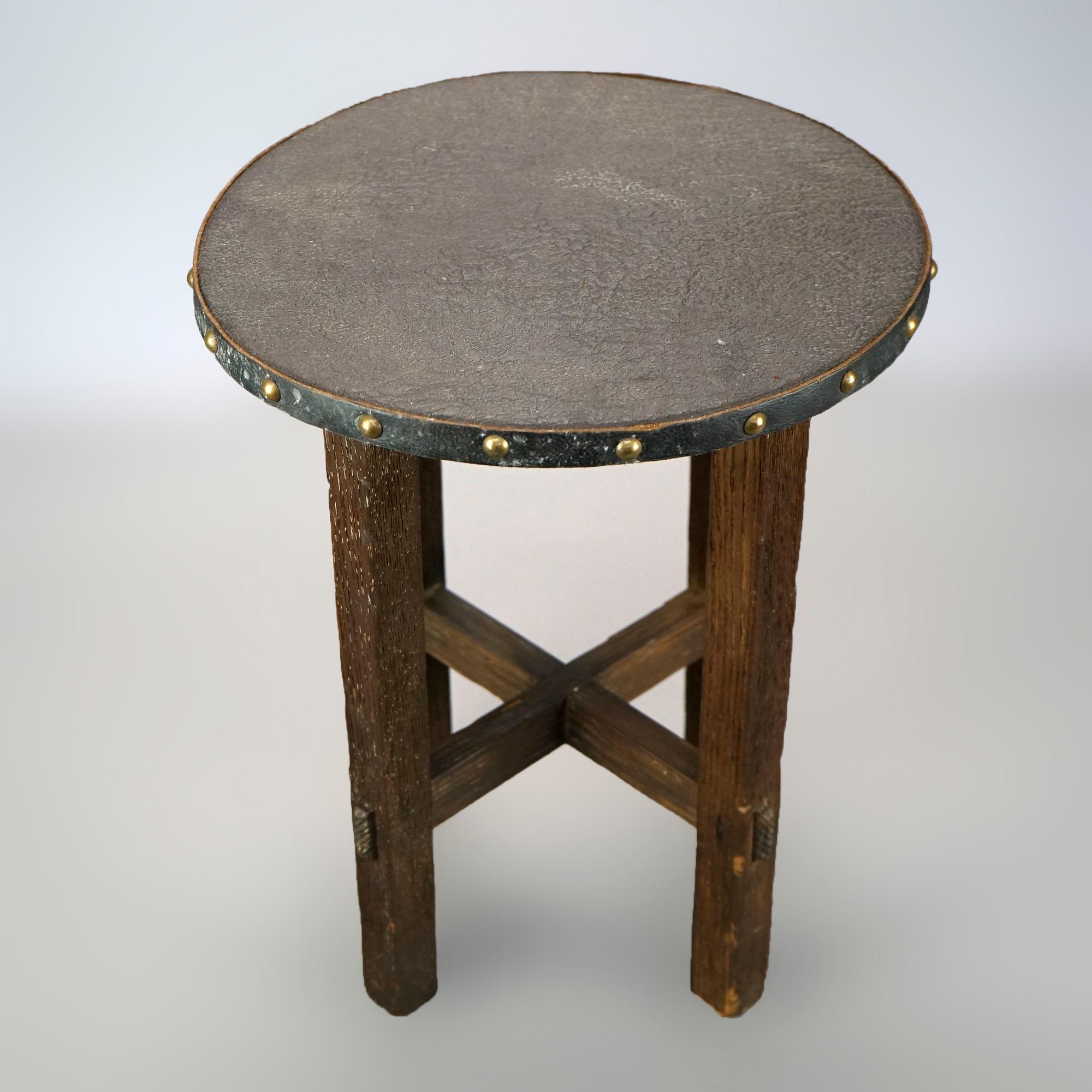 Antique Arts & Crafts Mission Oak Leather Top Tabouret Stand Circa 1910 In Good Condition In Big Flats, NY