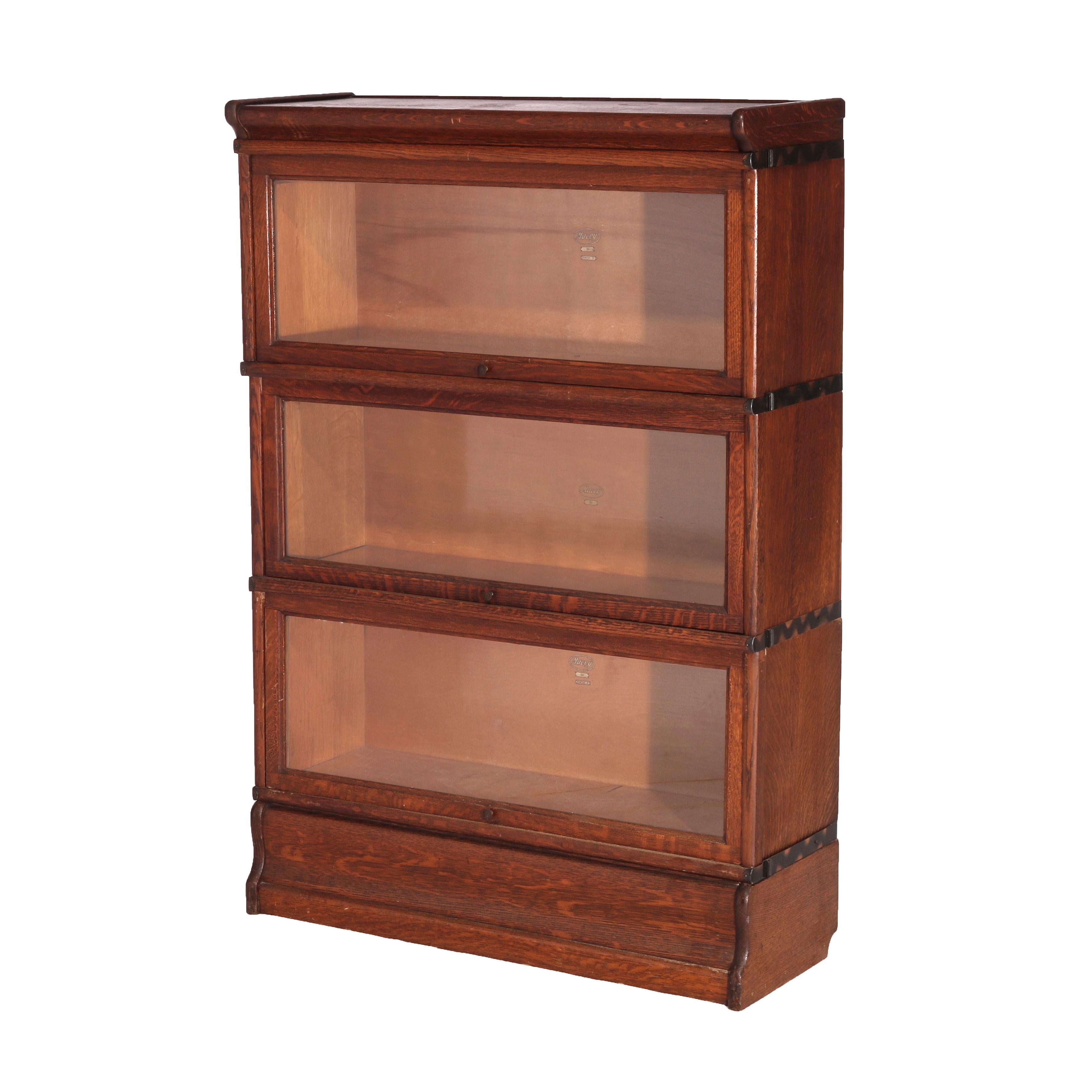 Glass Antique Arts & Crafts Mission Oak Macey Three Stack Barrister Bookcase C1910 For Sale