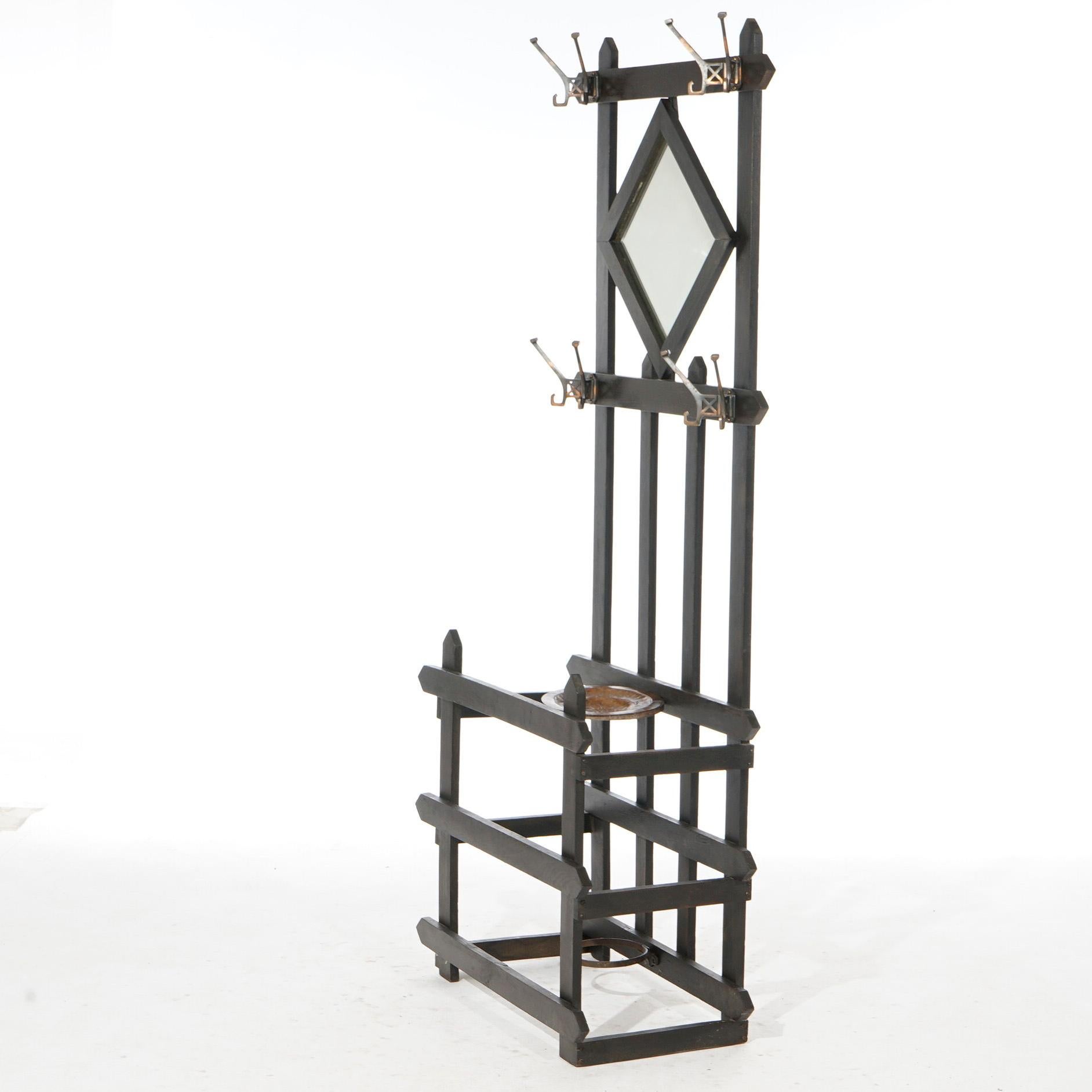 American Antique Arts & Crafts Mission Oak Mirrored Hall Tree Circa 1910