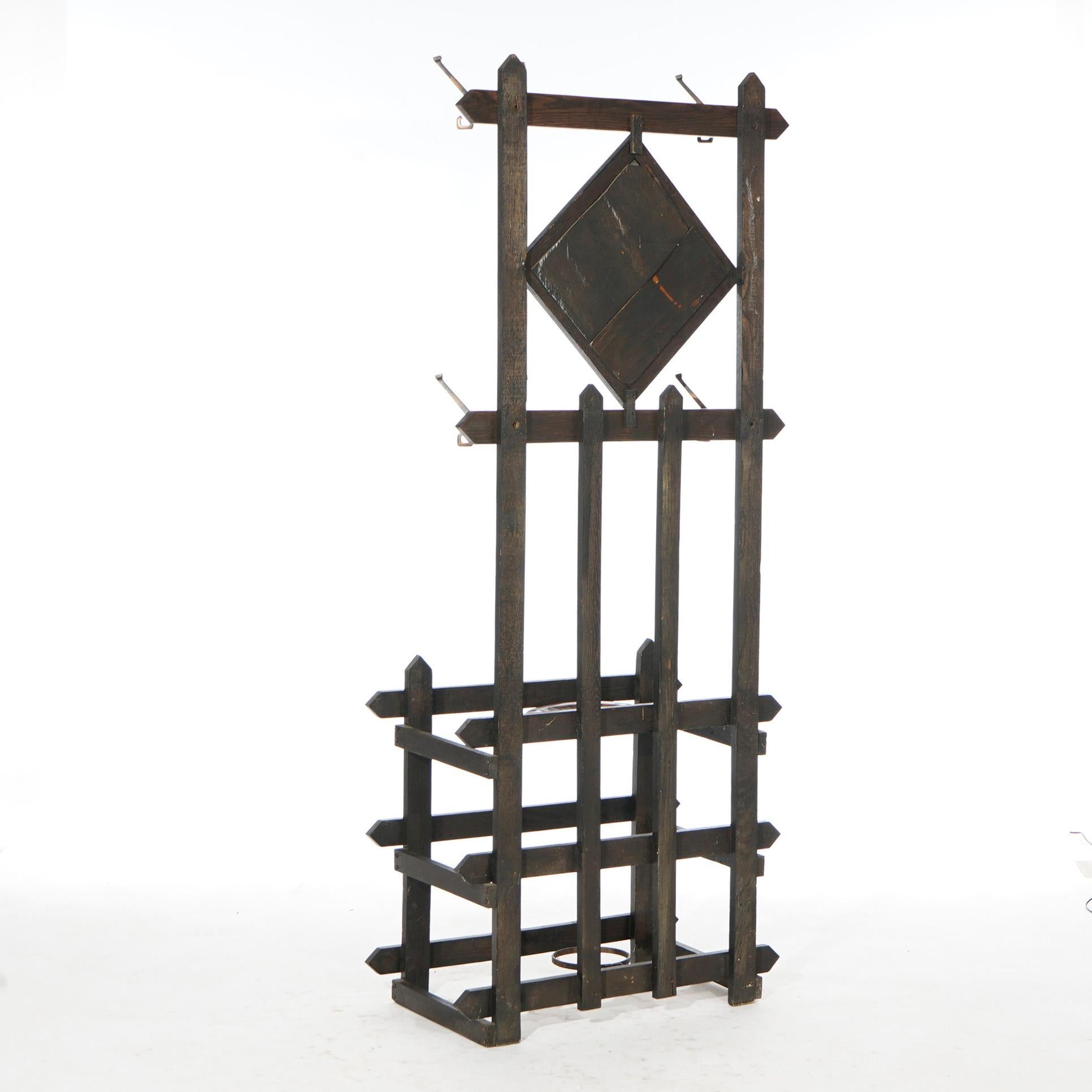 Antique Arts & Crafts Mission Oak Mirrored Hall Tree Circa 1910 In Good Condition In Big Flats, NY