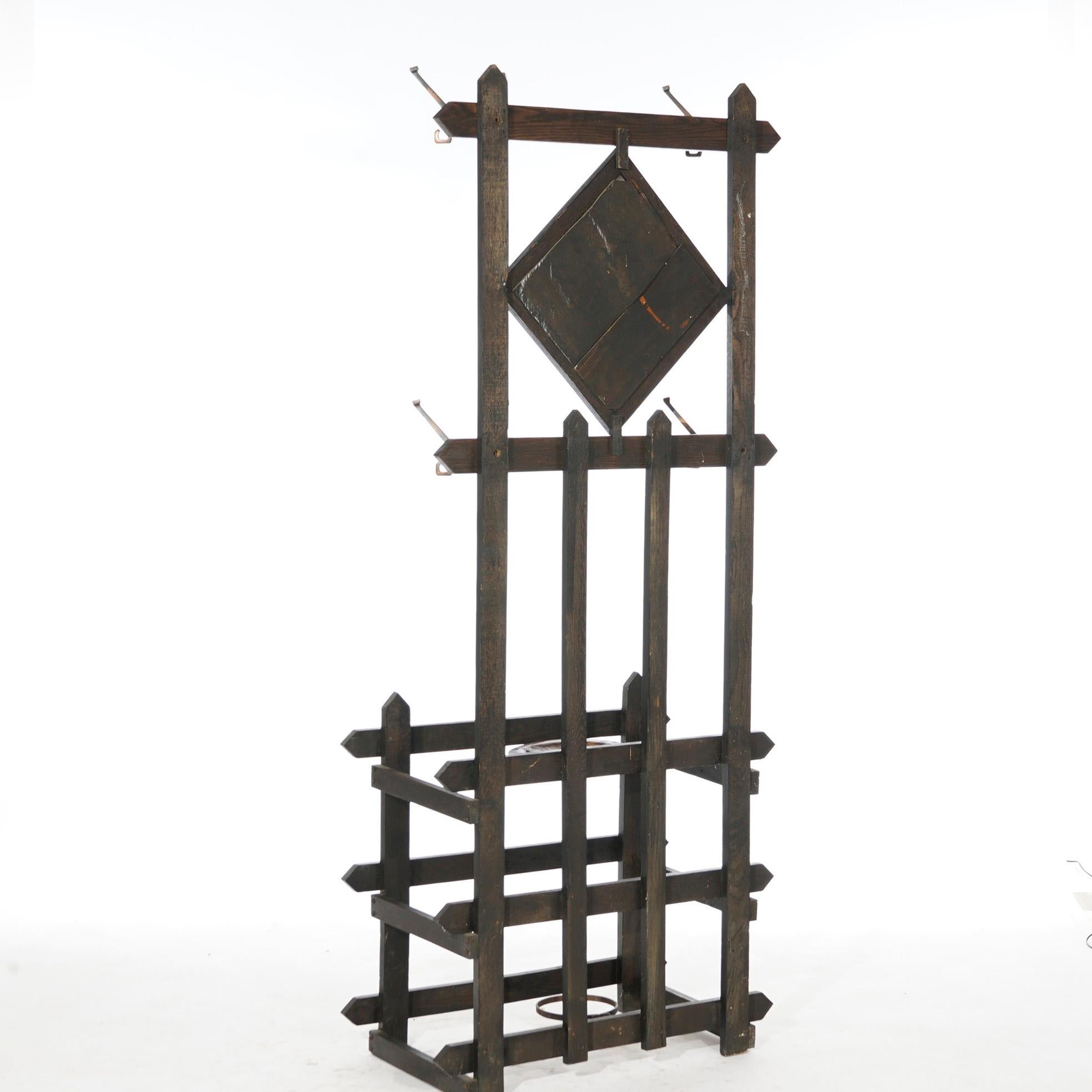 20th Century Antique Arts & Crafts Mission Oak Mirrored Hall Tree Circa 1910