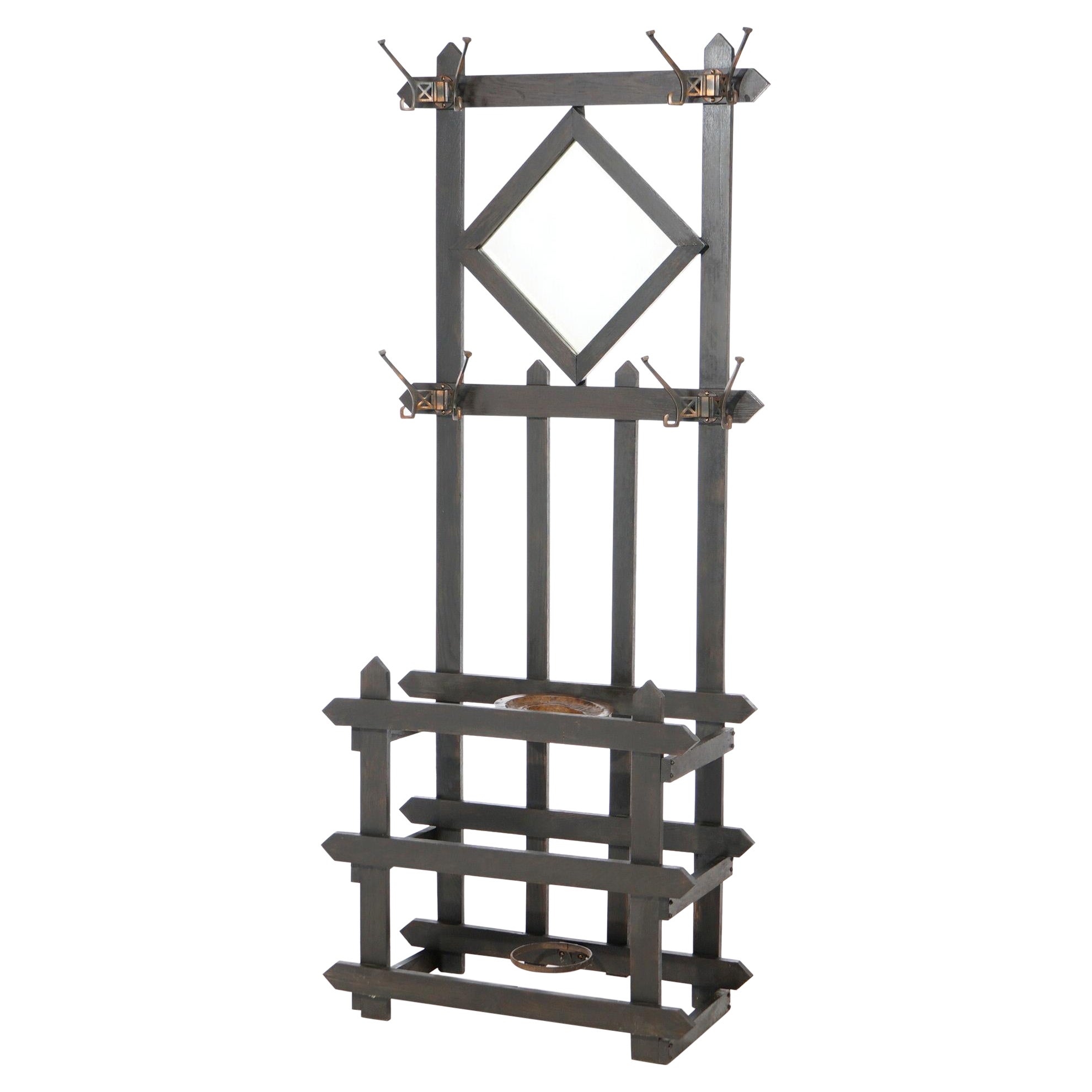 Antique Arts 
Crafts Mission Oak Mirrored Hall Tree Circa 1910