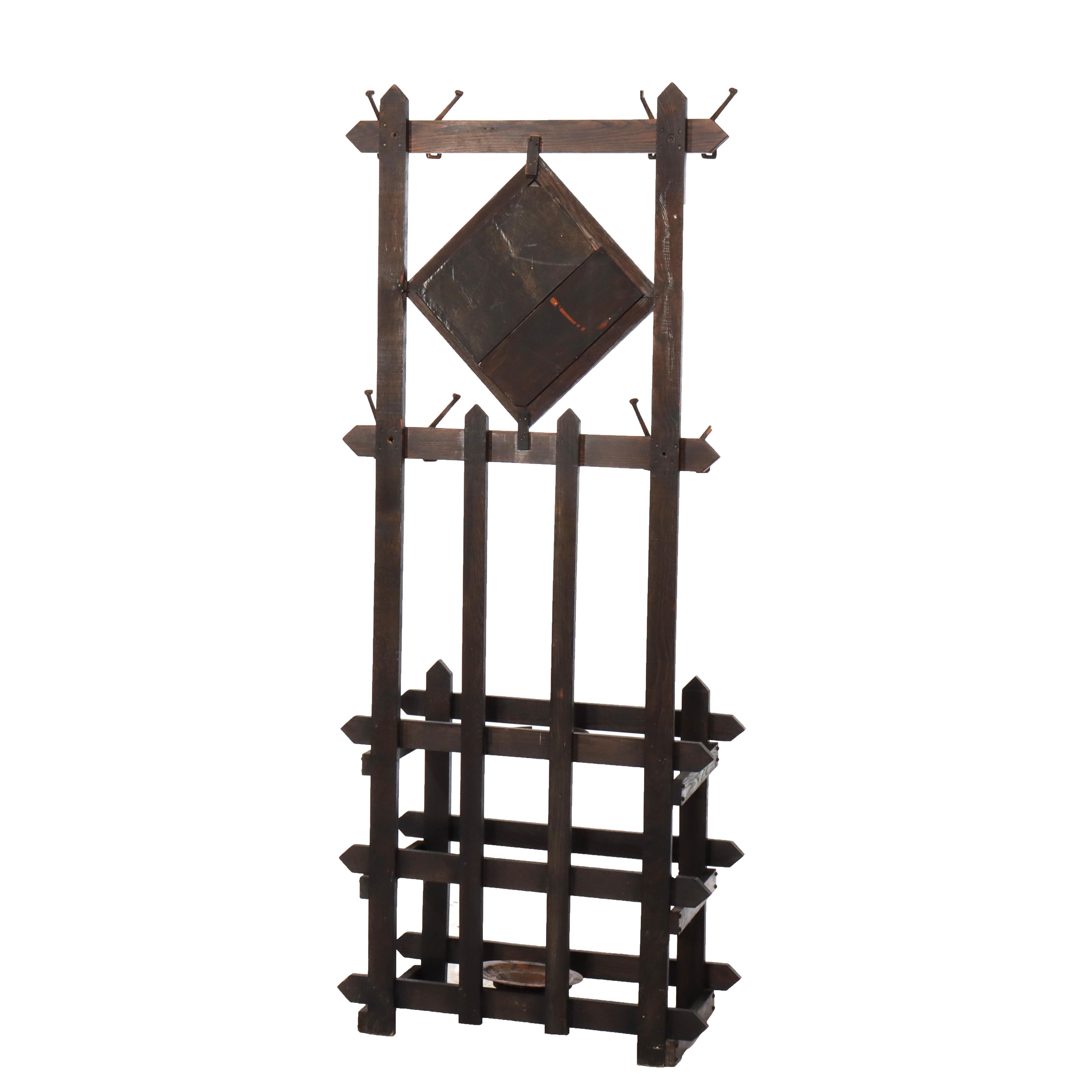 Antique Mission Arts & Crafts Oak Mirror A Hall Tree With Umbrella Stand c1920 en vente 2