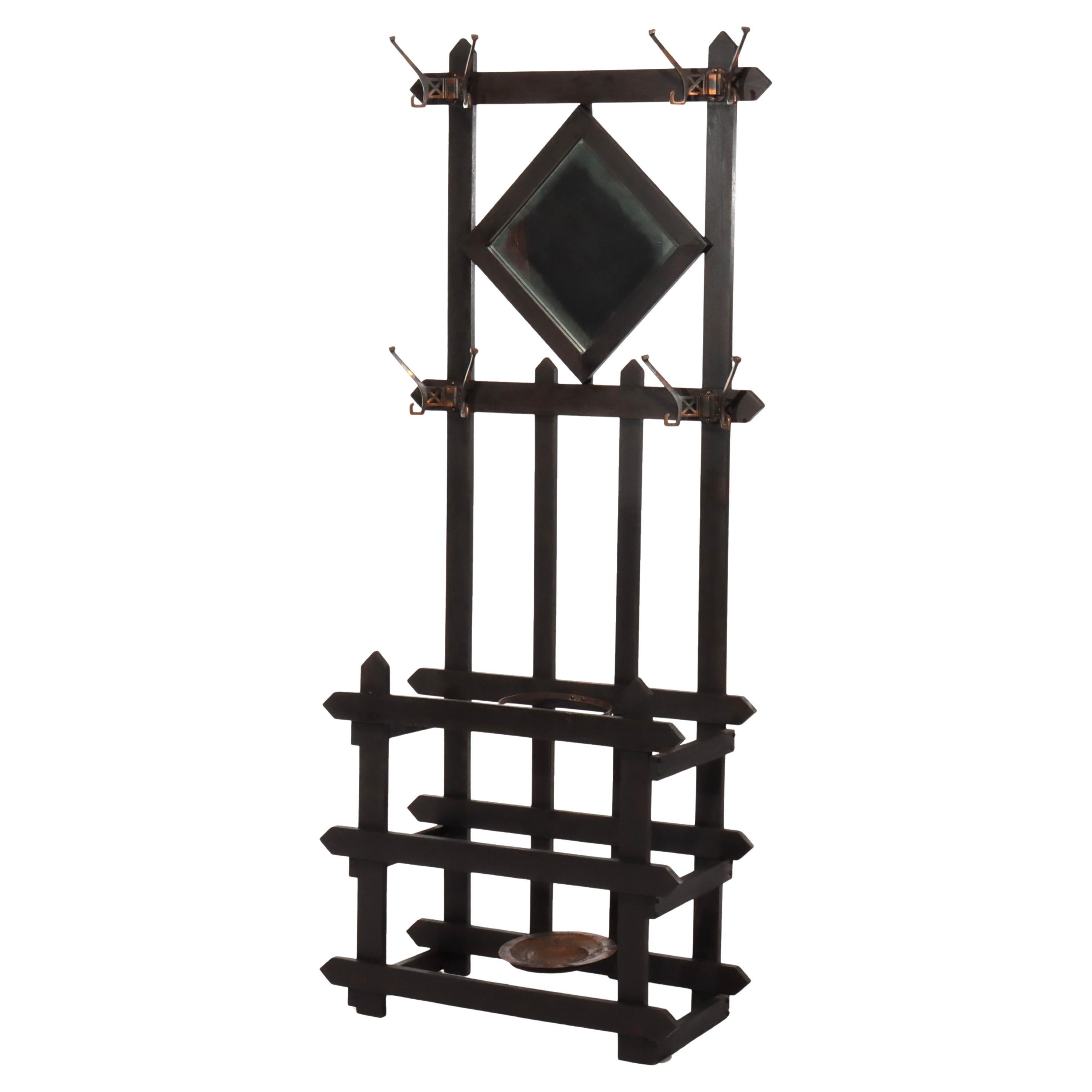 Antique Mission Arts & Crafts Oak Mirror A Hall Tree With Umbrella Stand c1920 en vente