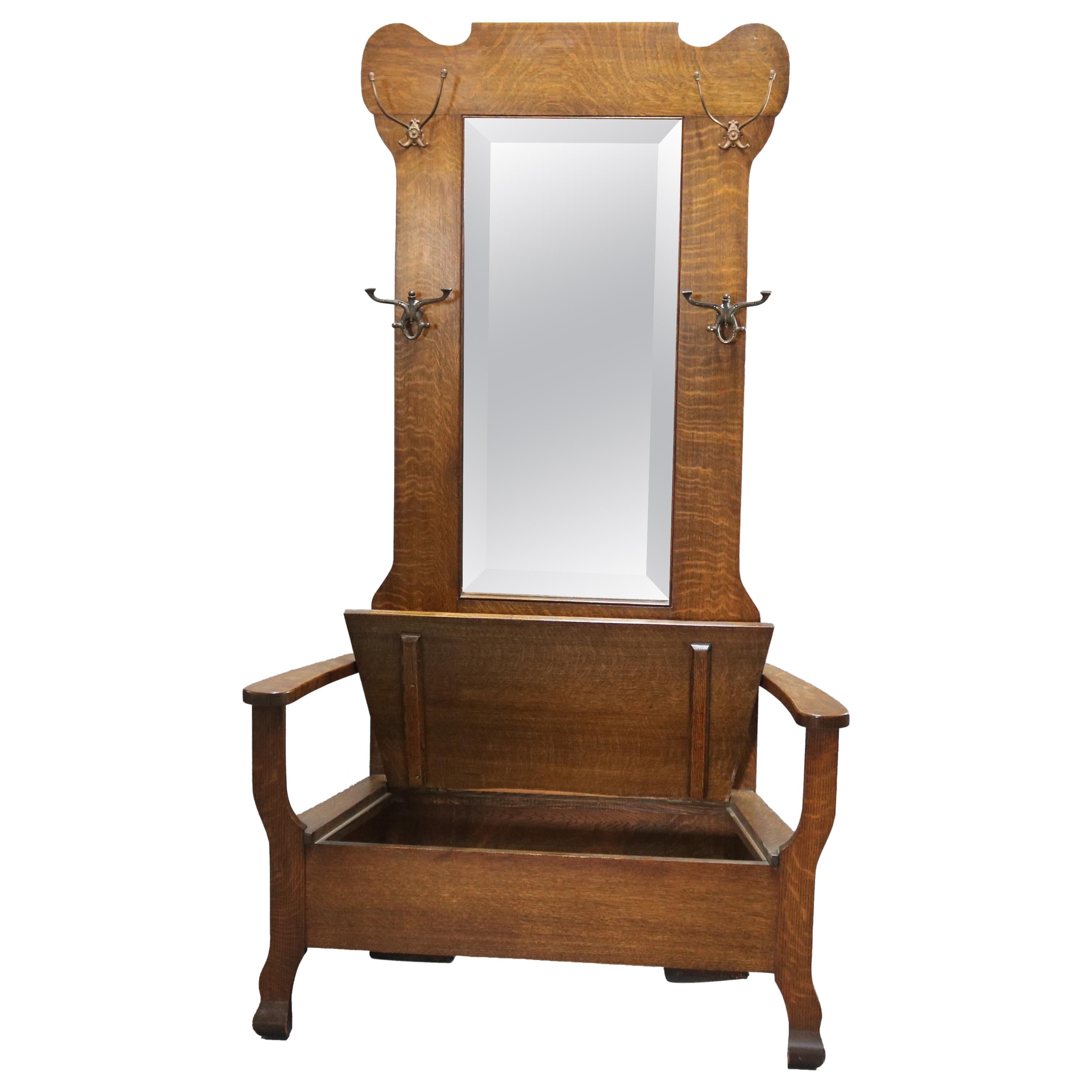 Antique Arts & Crafts Mission Oak Mirrored Lift Top Hall Seat, circa 1900