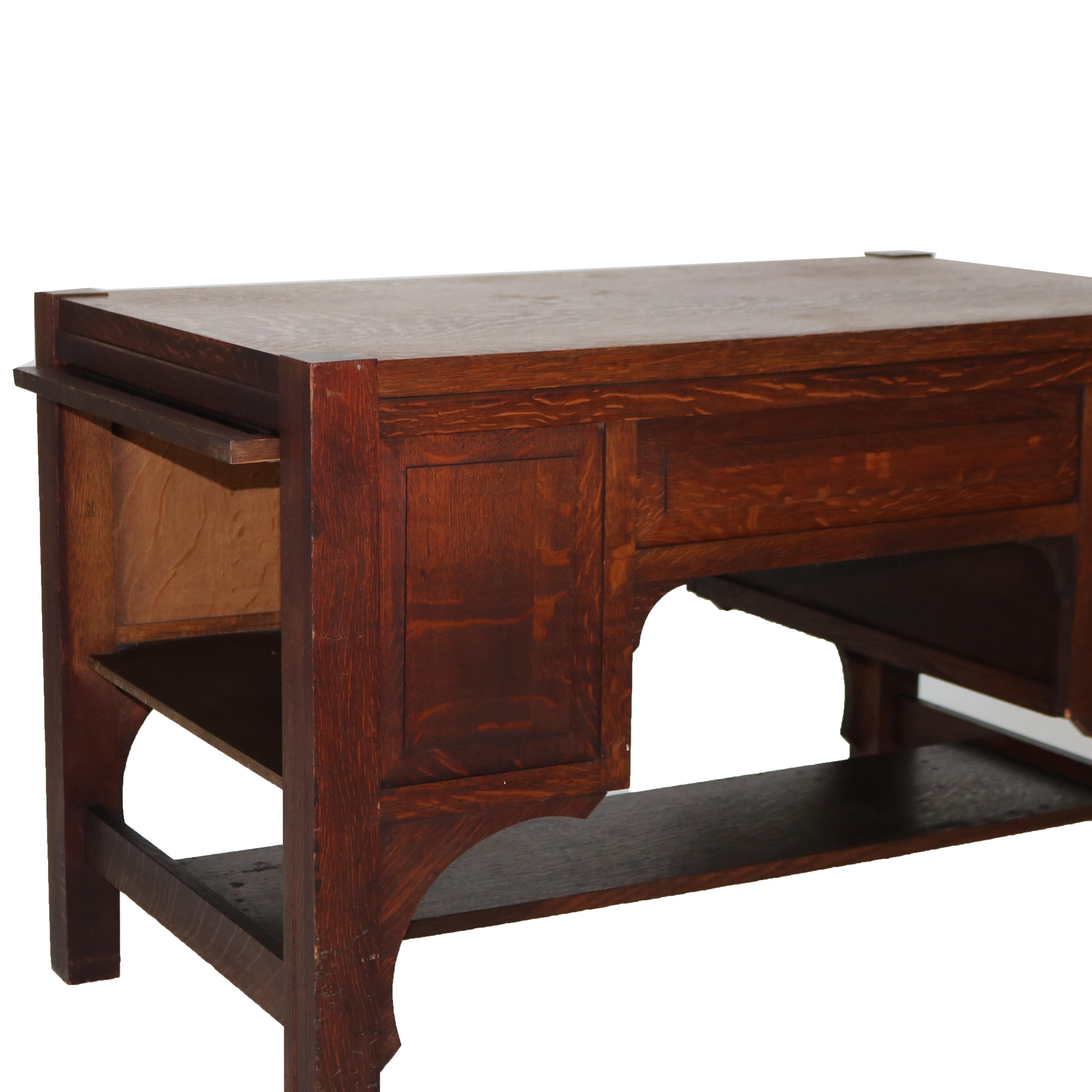 Antike Arts & Crafts Mission Eiche getäfelten Schreibtisch mit gewölbten Kragsteinen C1920 im Angebot 3