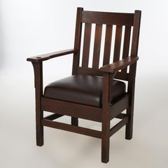 Antique Arts & Crafts Mission Oak Slat Back Arm Chair, Circa 1910