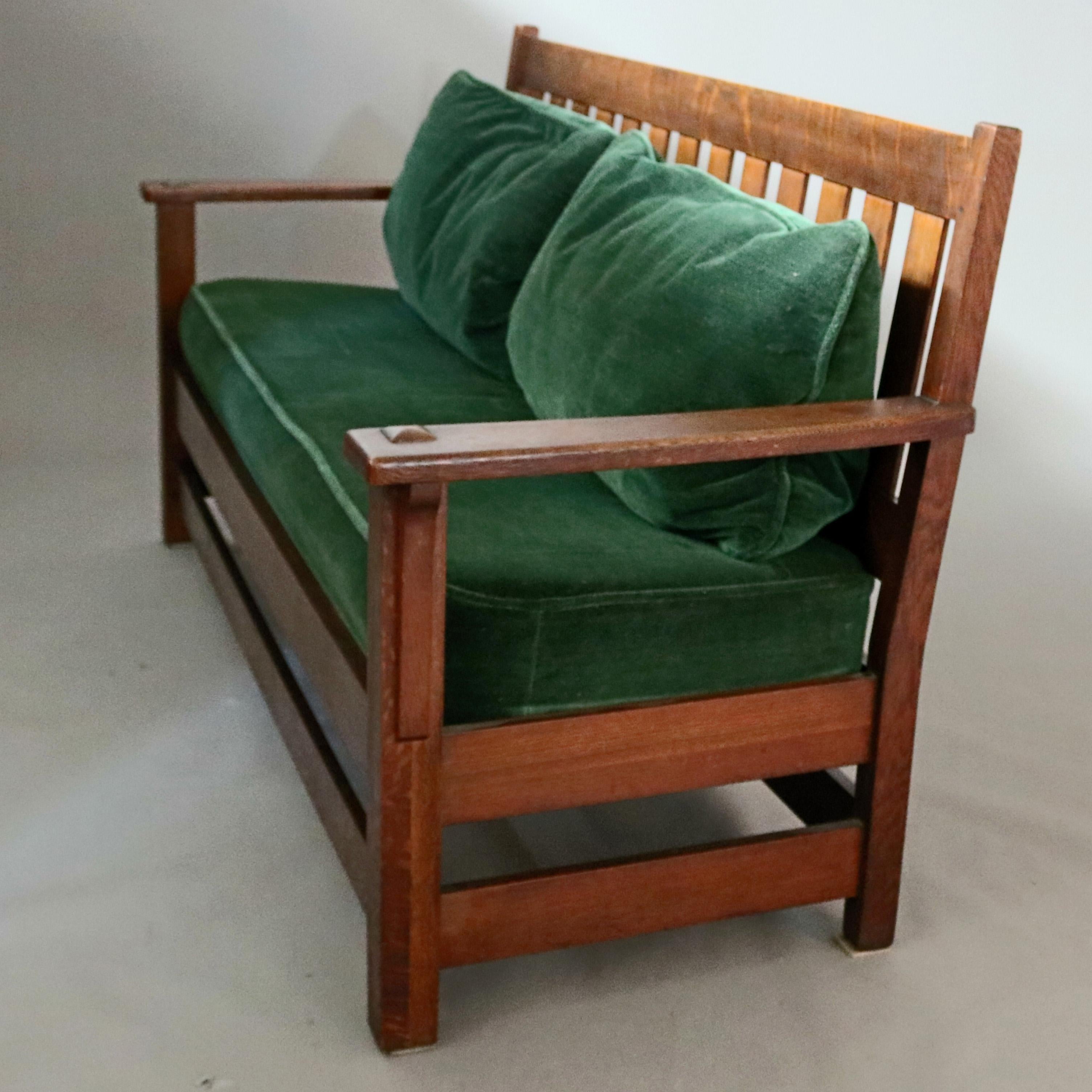 Upholstery Antique Arts & Crafts Mission Oak Slat Back Settee by Limbert, circa 1910