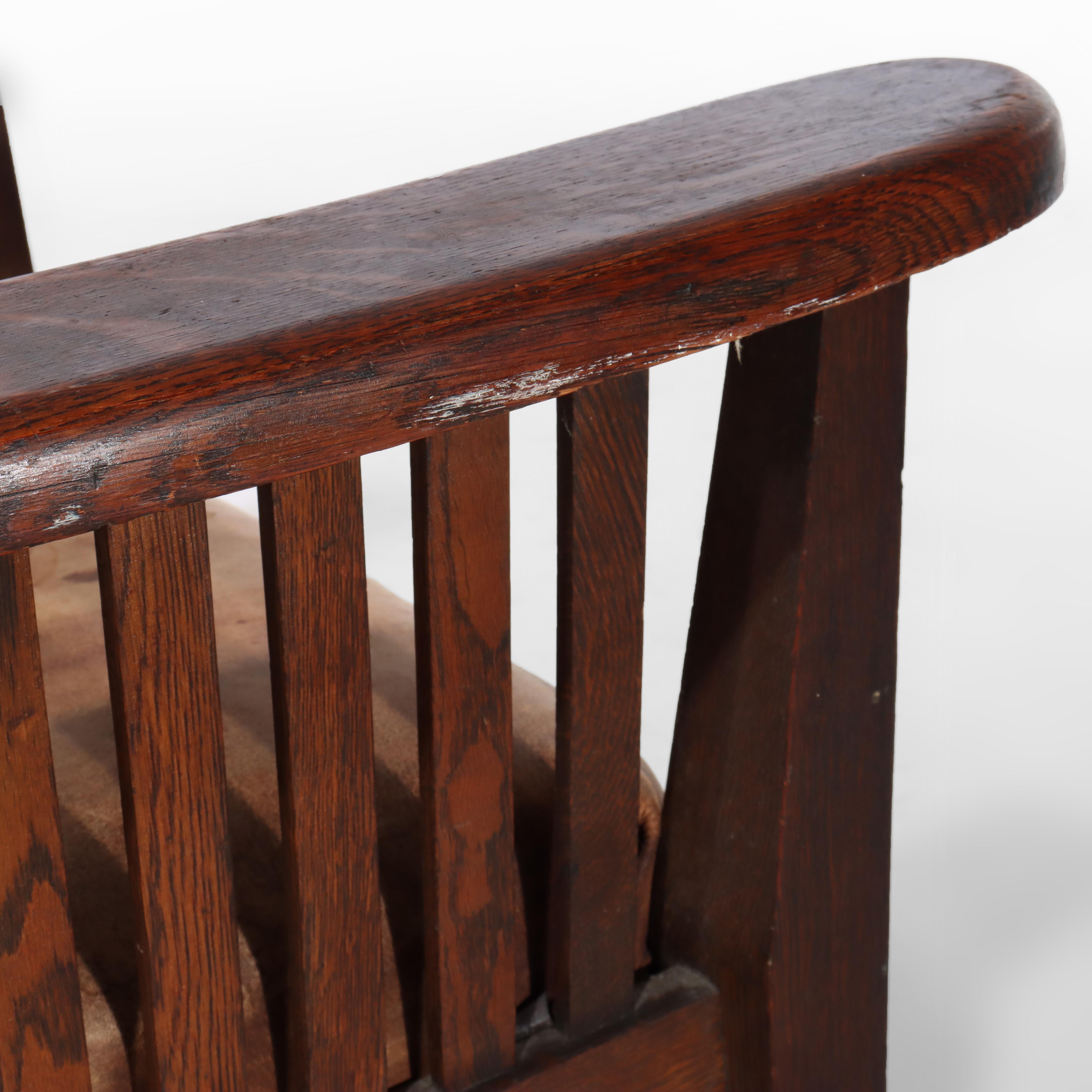 Sillón Antiguo Arts & Crafts Mission Oak Spindle Back Con Cojín De Cuero en venta 5