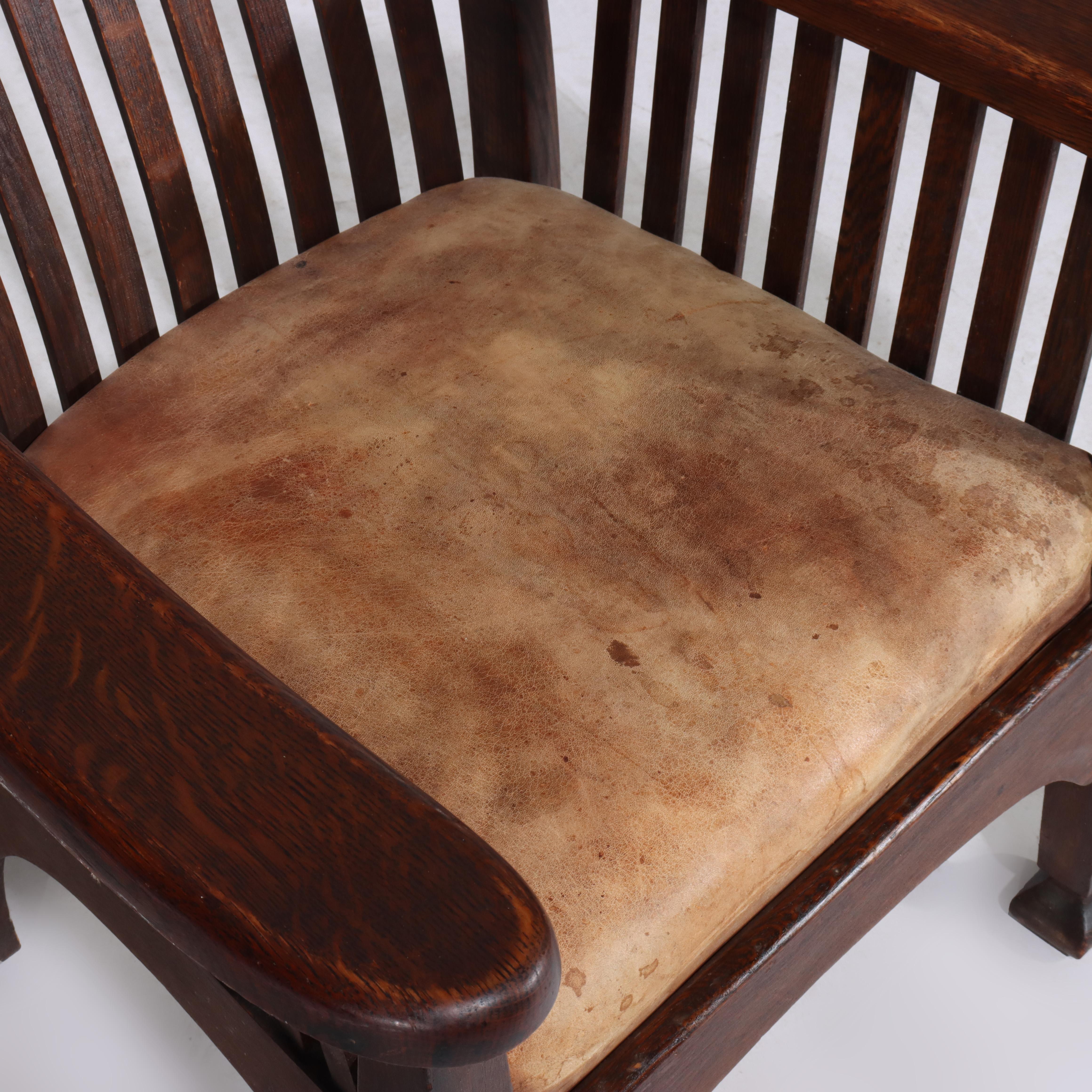 Sillón Antiguo Arts & Crafts Mission Oak Spindle Back Con Cojín De Cuero en venta 6
