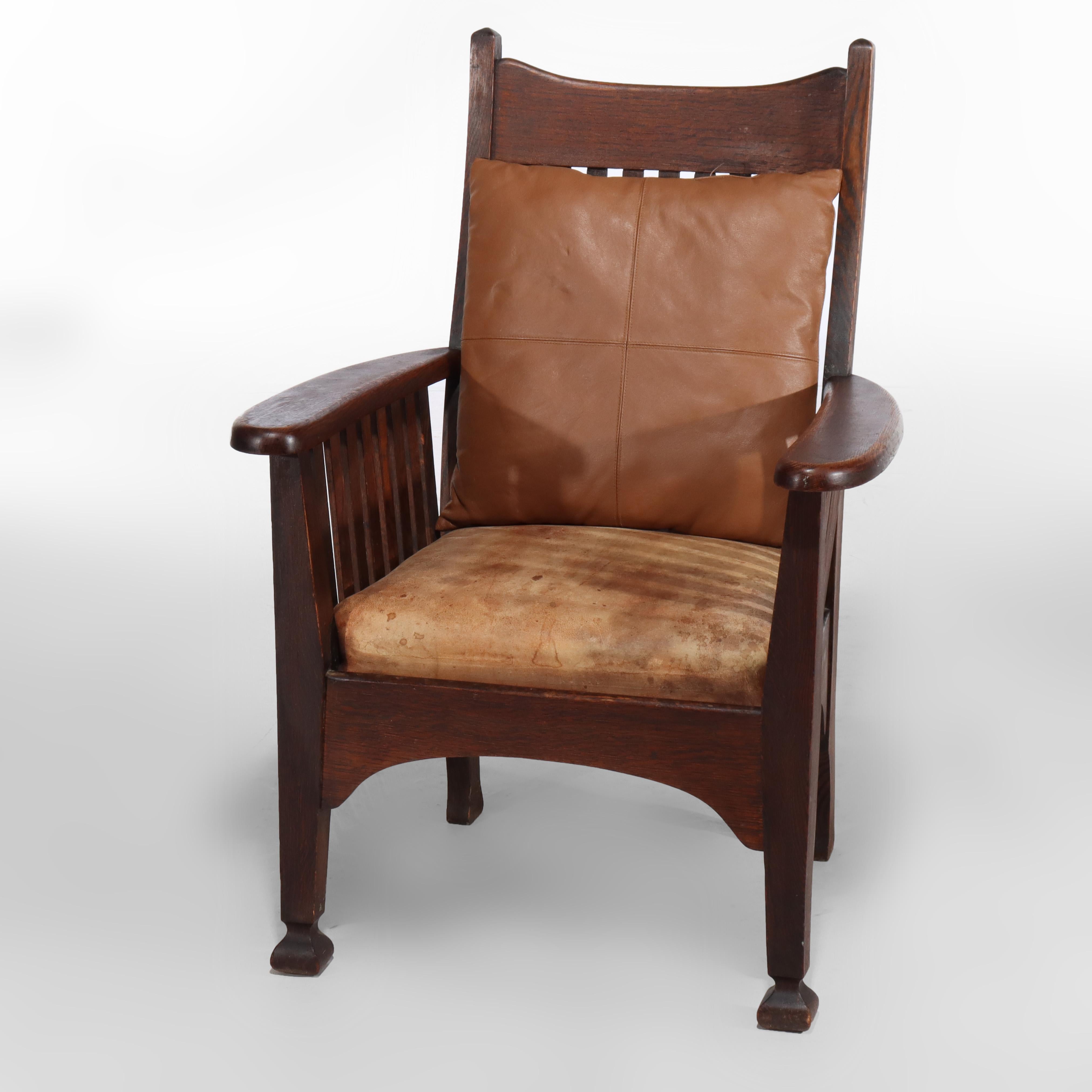 Sillón Antiguo Arts & Crafts Mission Oak Spindle Back Con Cojín De Cuero en venta 7