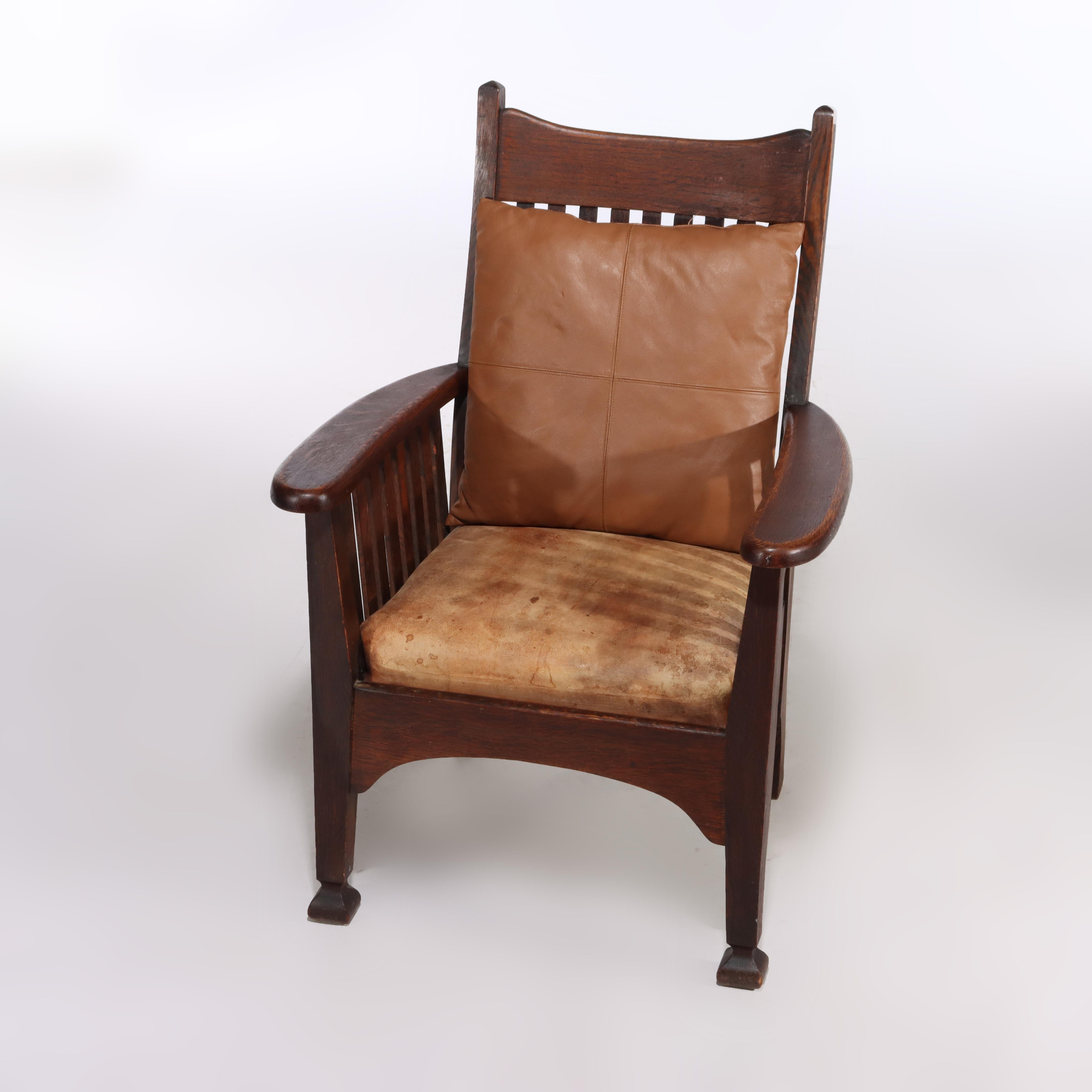 Sillón Antiguo Arts & Crafts Mission Oak Spindle Back Con Cojín De Cuero en venta 8