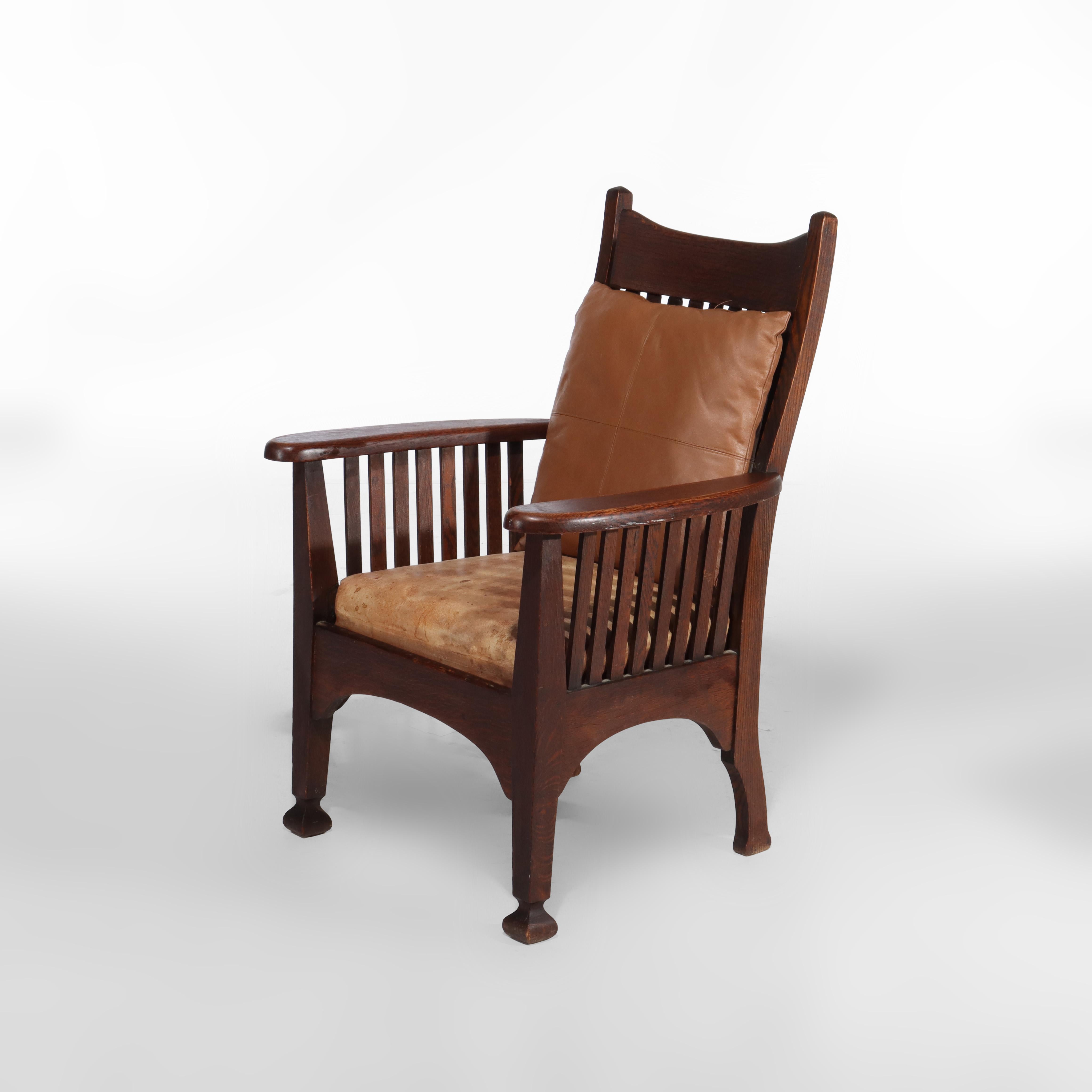 Sillón Antiguo Arts & Crafts Mission Oak Spindle Back Con Cojín De Cuero en venta 9
