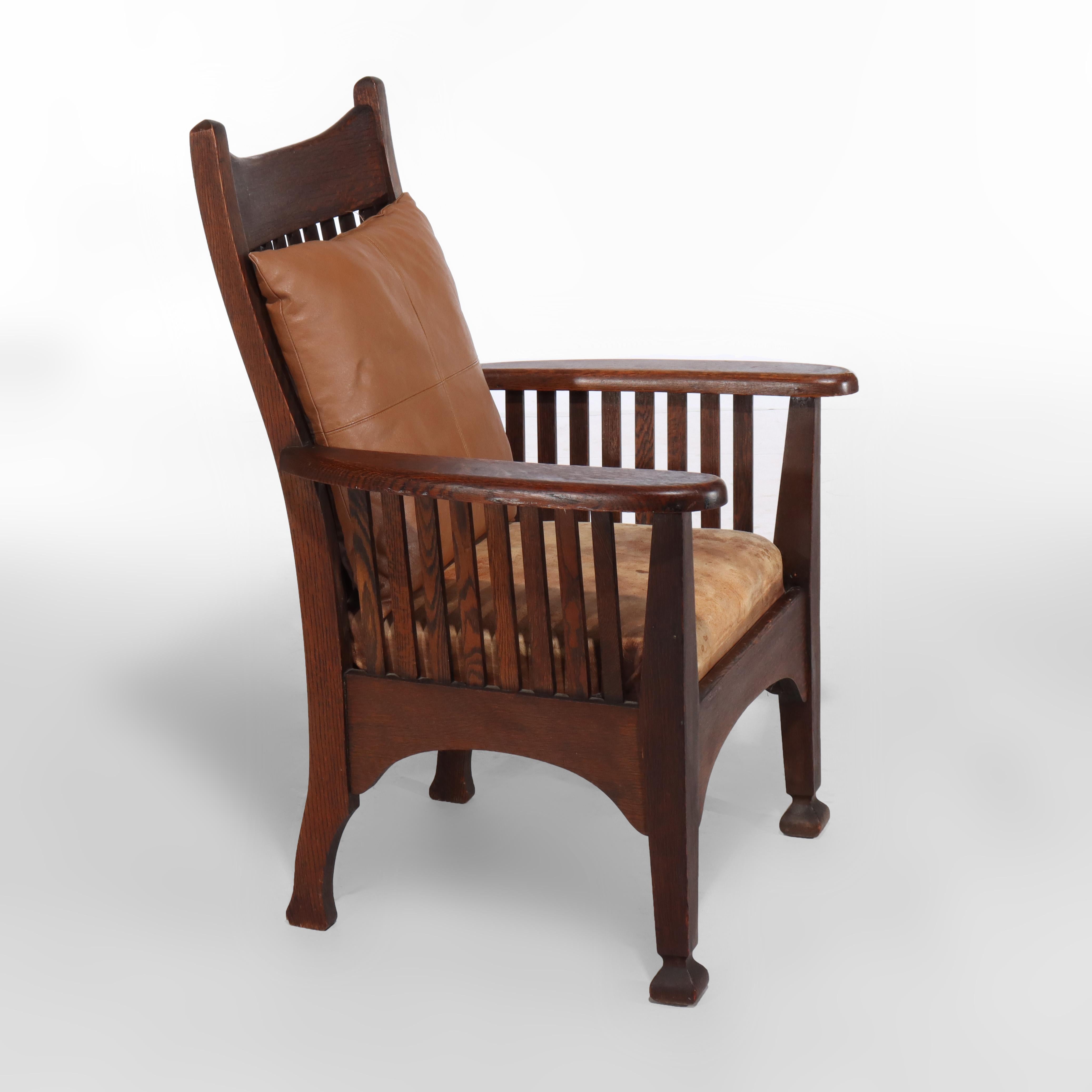 Sillón Antiguo Arts & Crafts Mission Oak Spindle Back Con Cojín De Cuero en venta 10