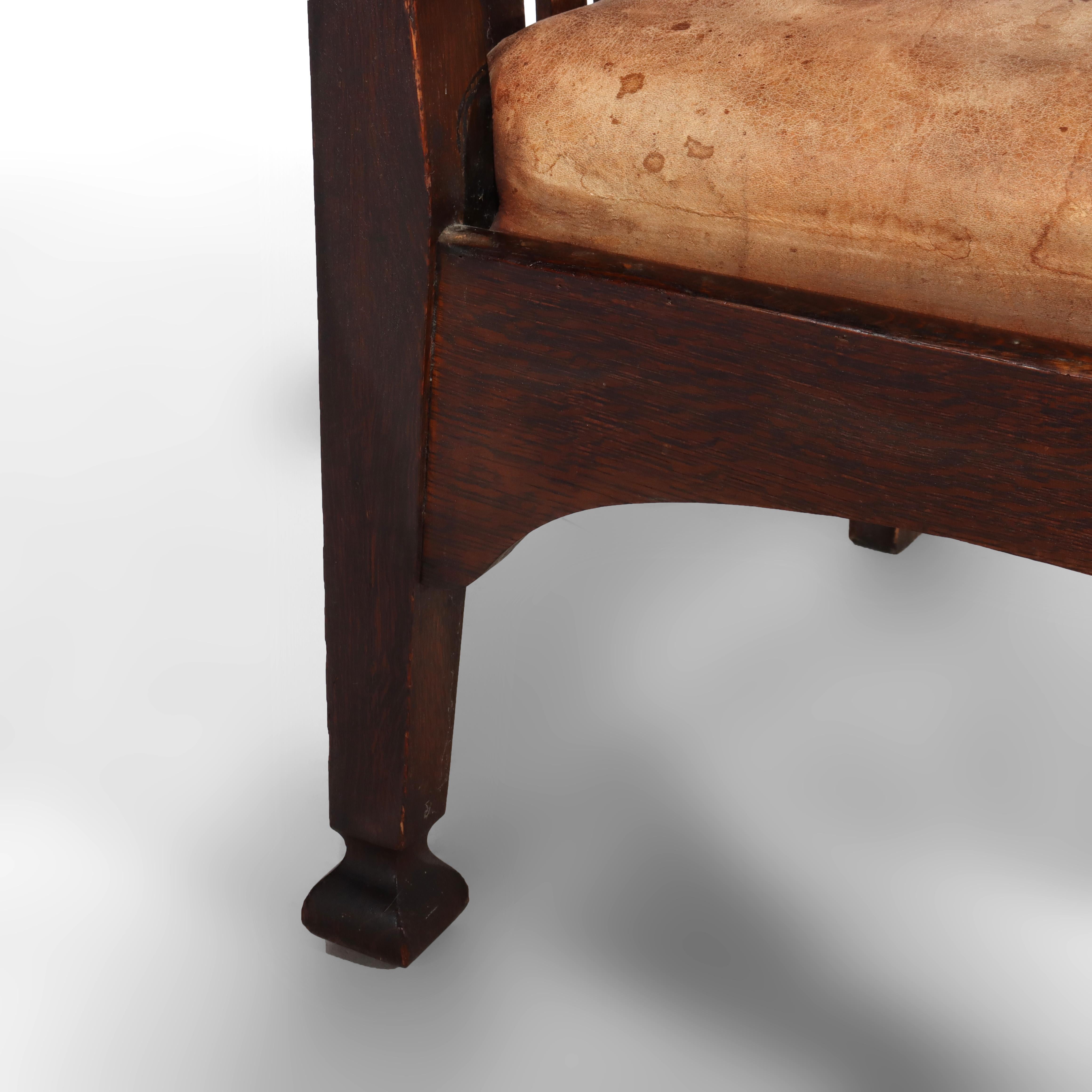 Sillón Antiguo Arts & Crafts Mission Oak Spindle Back Con Cojín De Cuero Artes y manualidades en venta