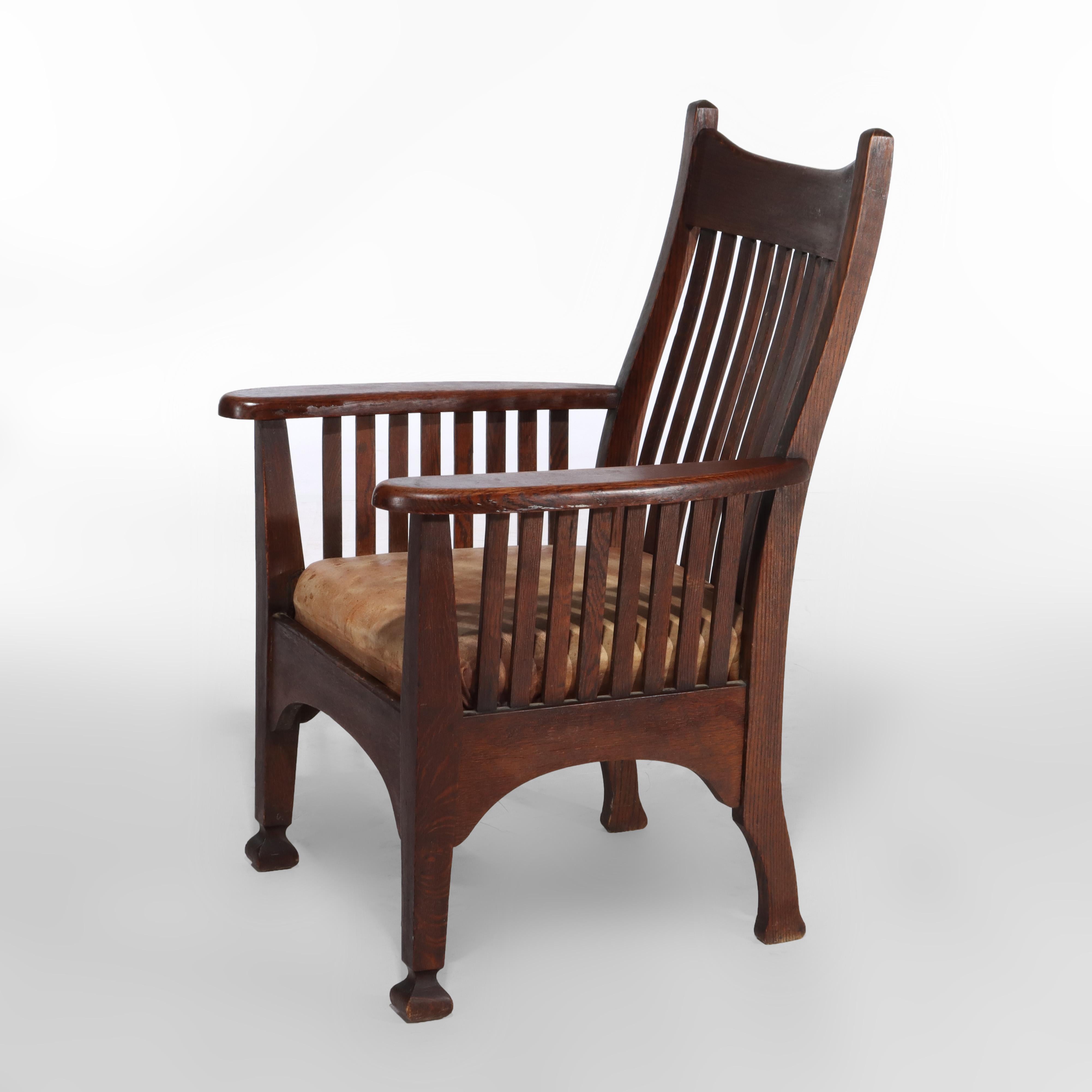 Sillón Antiguo Arts & Crafts Mission Oak Spindle Back Con Cojín De Cuero siglo XX en venta